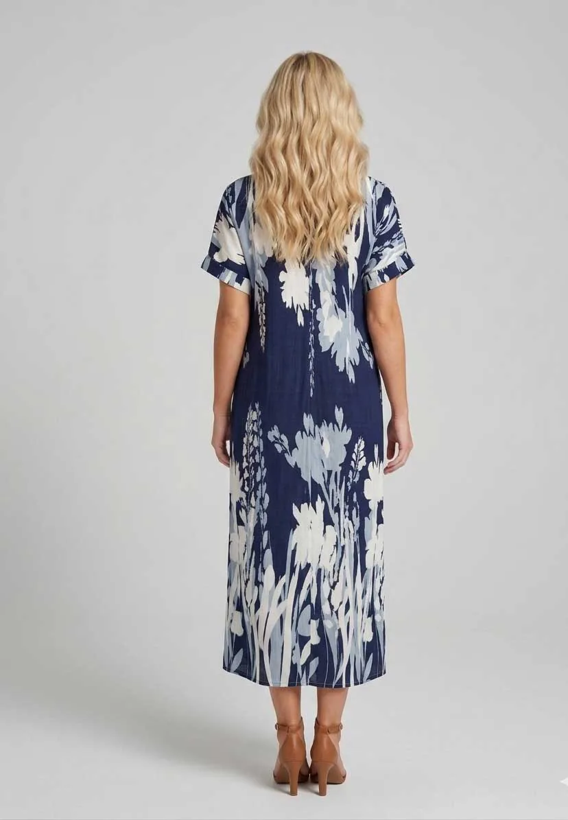 Navy blue floral resort wear καφτάνι - φορεμα βισκοζ με κοντο μανικι - φόρεμα παραλίας από βαμβάκι για καλοκαιρινές resort εμφανίσεις