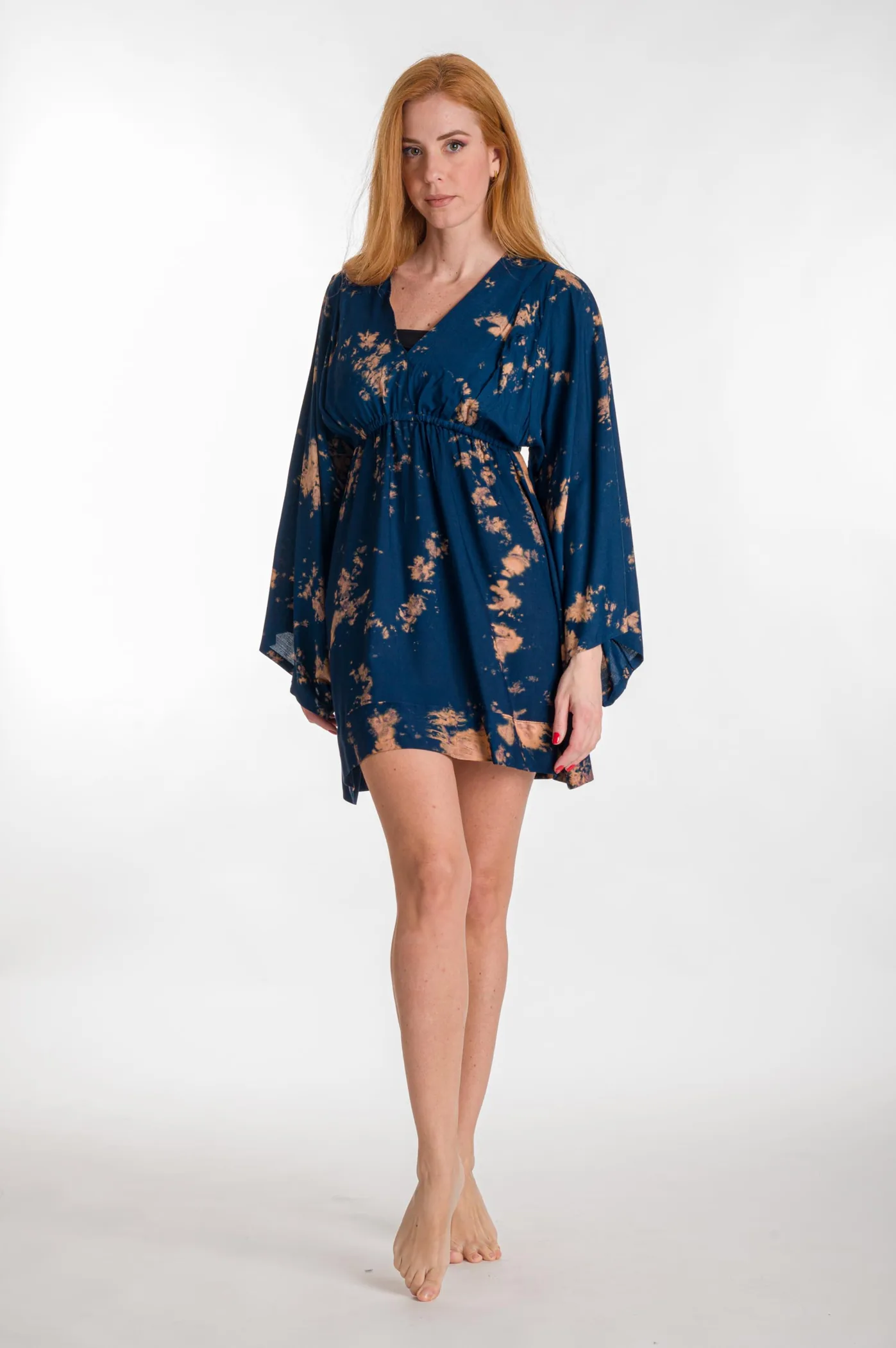 Μπλουζοφορεμα βισκοζ tie dye με μανικι και σουρα - Navy Blue;Καφέ παρεό παραλίας από βισκόζ για καλοκαιρινές resort εμφανίσεις