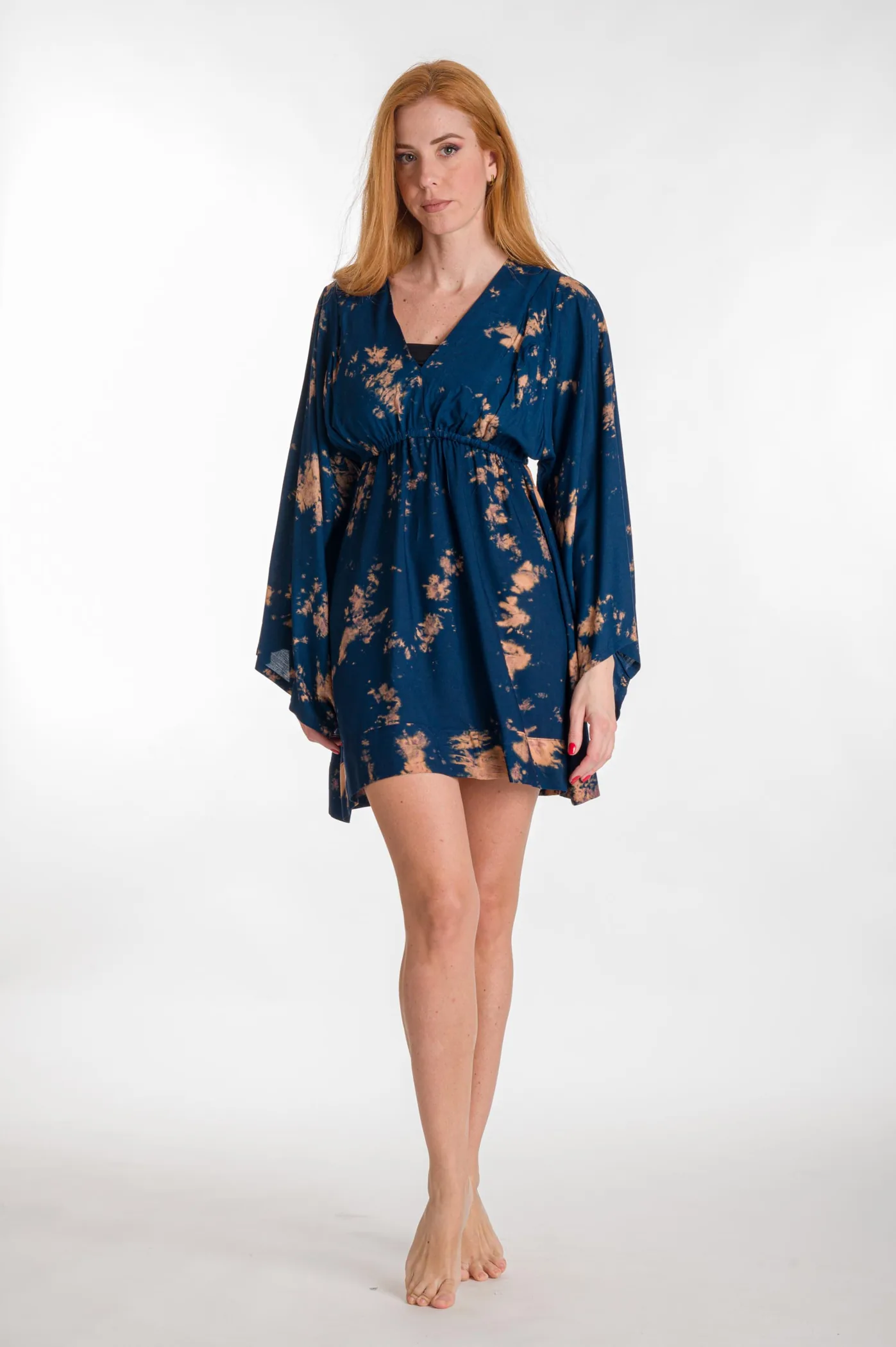 Μπλουζοφορεμα βισκοζ tie dye με μανικι και σουρα - Navy Blue;Καφέ φόρεμα παραλίας από βισκόζ για καλοκαιρινές resort εμφανίσεις