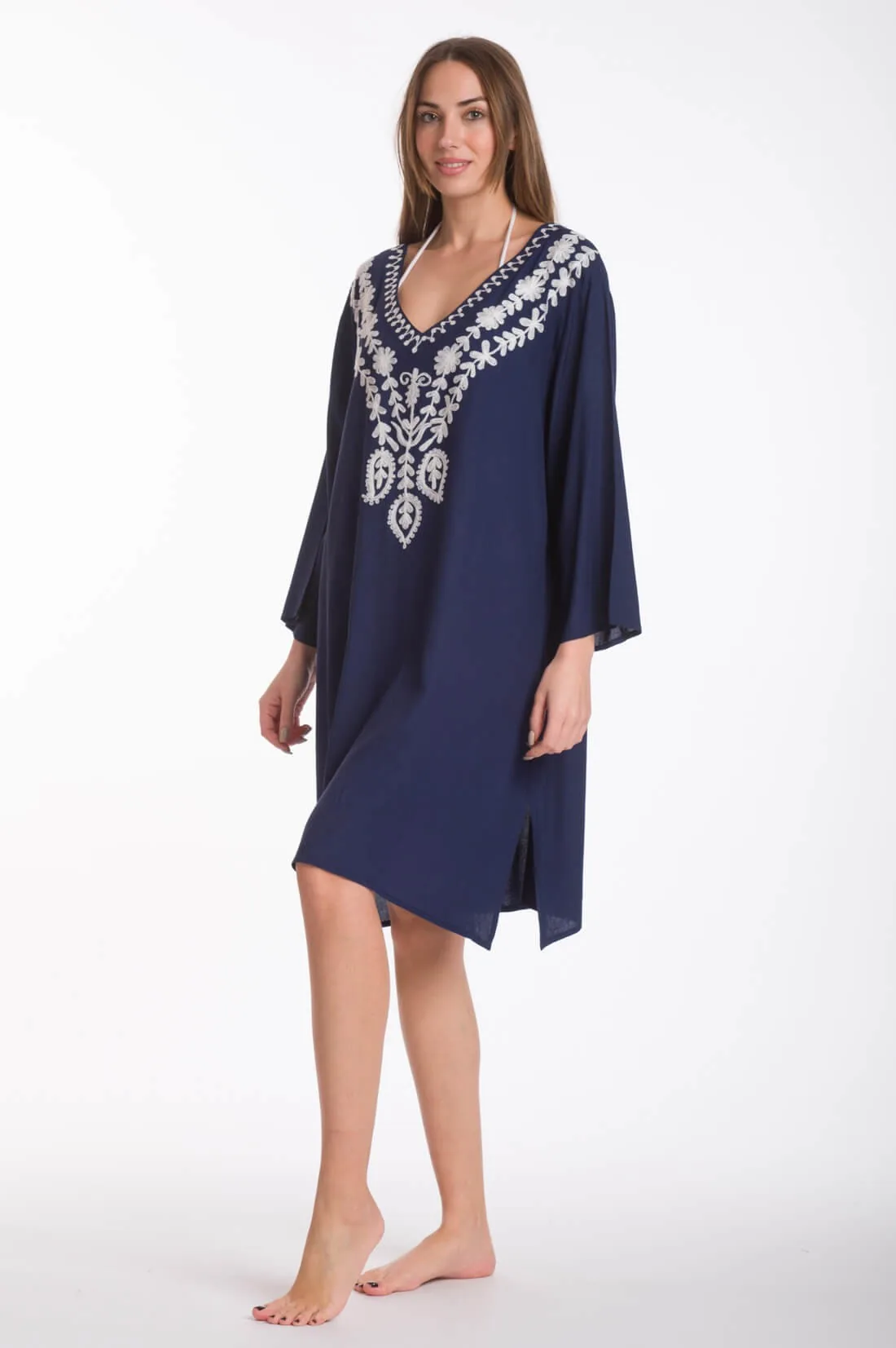 Καφτανι midi με κεντημα viscose και τρουακαρ μανικια - Navy Blue παρεό παραλίας από βισκόζ για καλοκαιρινές resort εμφανίσεις