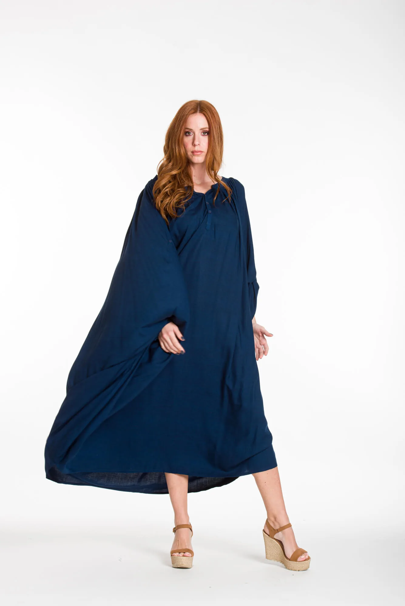 Καφτανι - πουκαμισοφορεμα oversize look με ρυθμιζομενα μανικια - Navy Blue παρεό παραλίας από βισκόζ για καλοκαιρινές resort εμφανίσεις