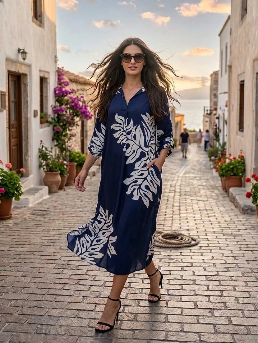 Navy blue καφτάνι - πουκαμισοφορεμα βισκοζ με τρουακαρ μανικι - παρεό παραλίας από βισκόζ για καλοκαιρινές resort εμφανίσεις