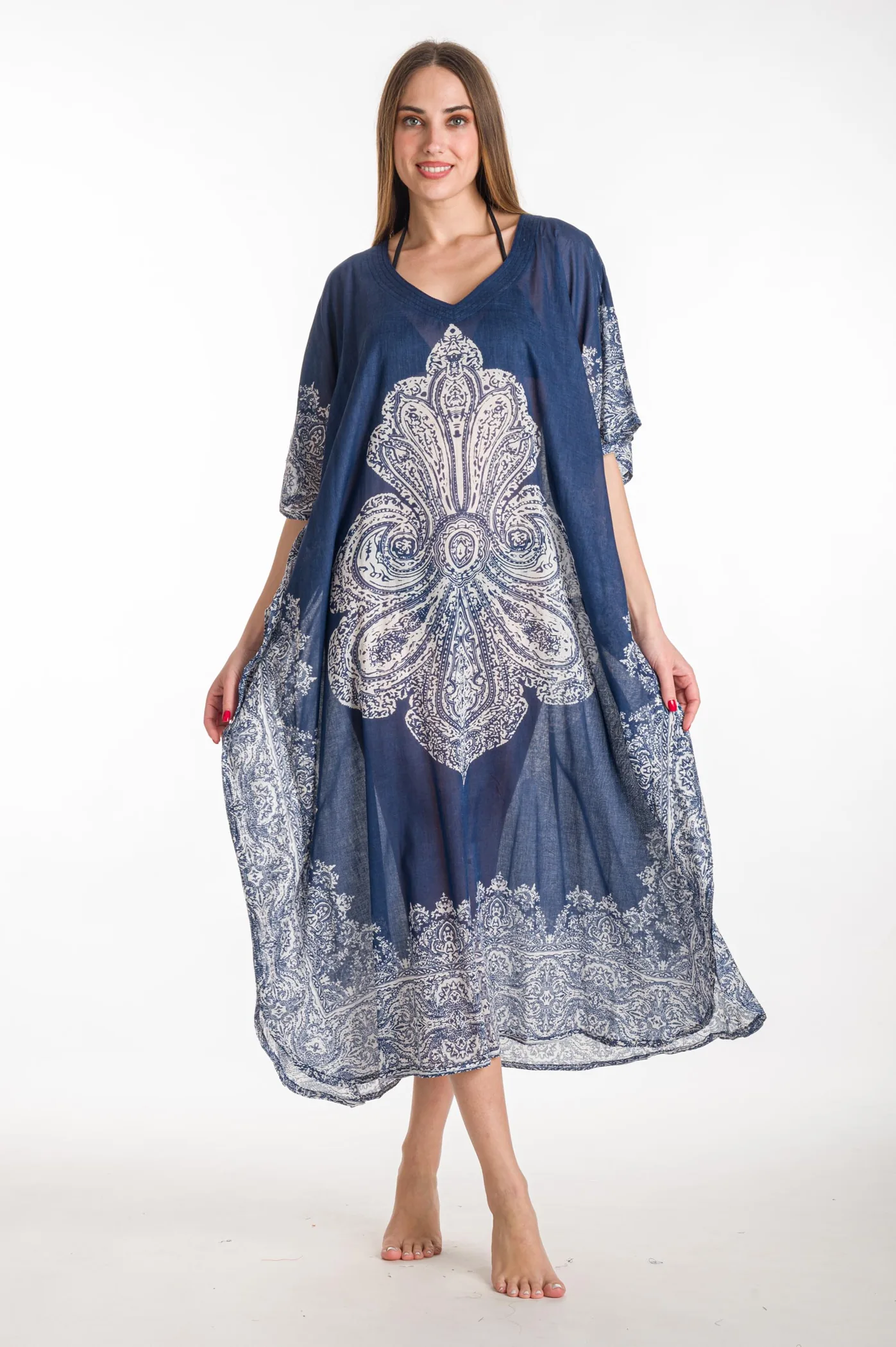 Καφτανι βαμβακερο ethnic - Navy Blue καφτάνι παραλίας από βαμβακερό για καλοκαιρινές resort εμφανίσεις