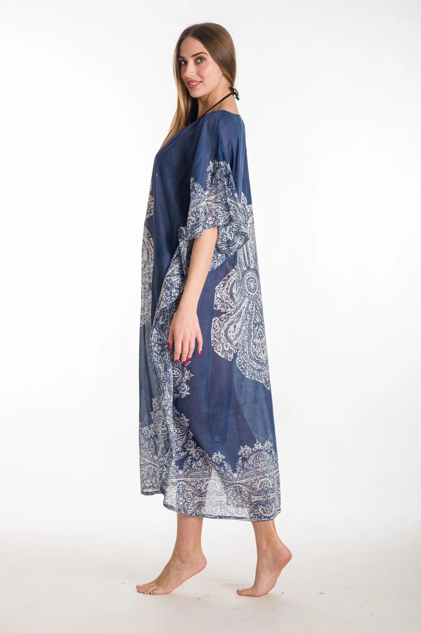 Καφτανι βαμβακερο ethnic - Navy Blue καφτάνι παραλίας από βαμβακερό για καλοκαιρινές resort εμφανίσεις