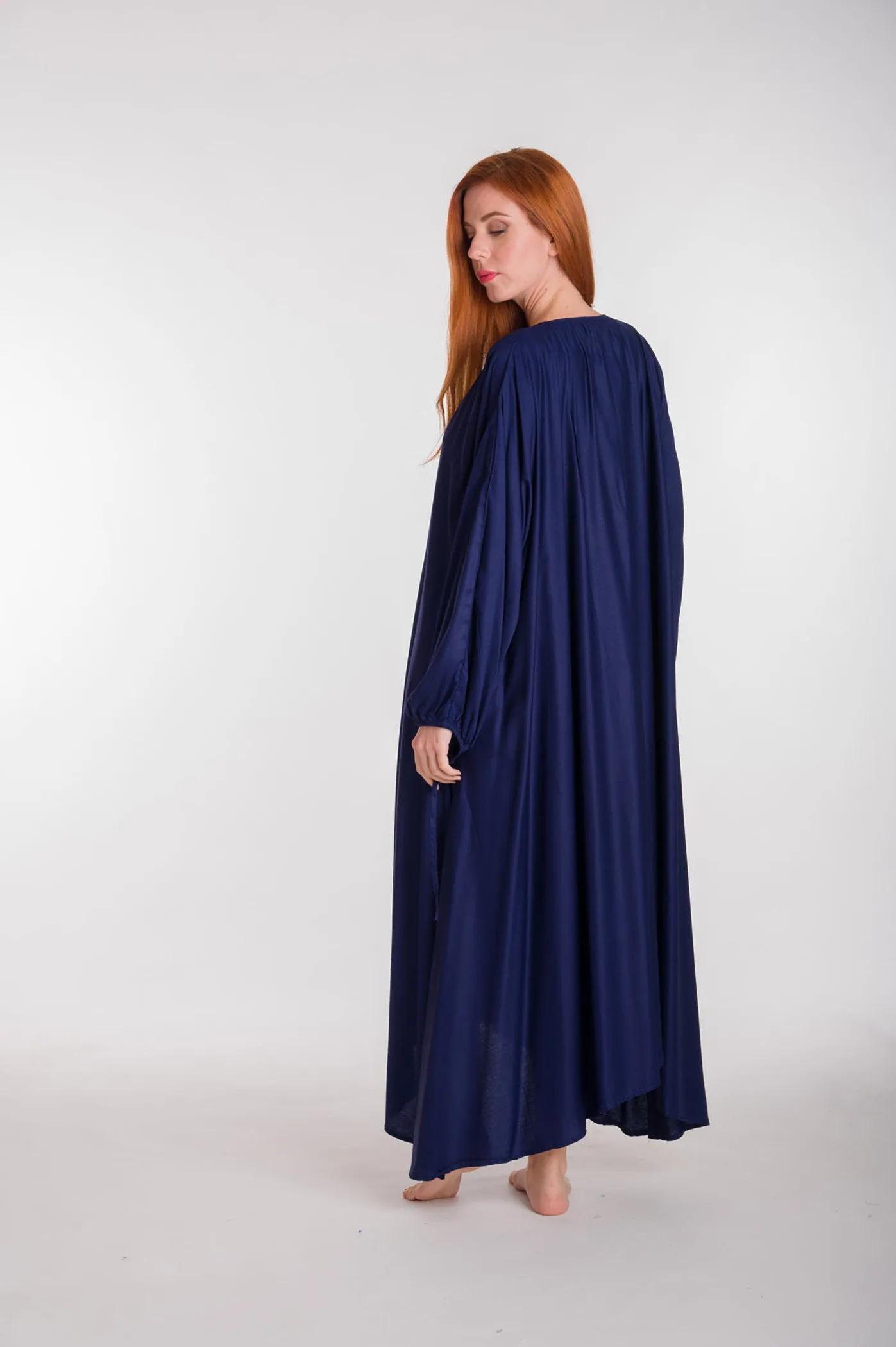 Καφτανι βισκοζ με μακρυ μανικι - Navy Blue φόρεμα παραλίας από βισκόζ για καλοκαιρινές resort εμφανίσεις