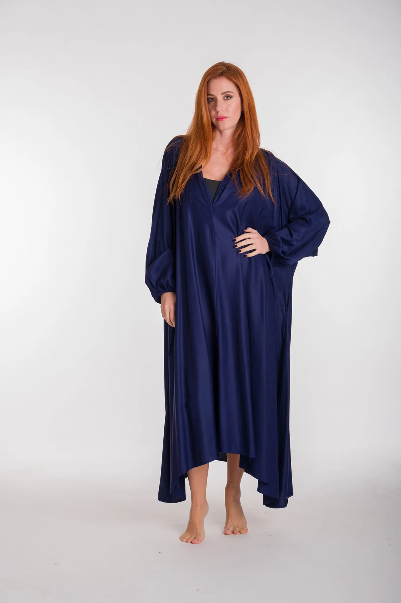 Καφτανι βισκοζ με μακρυ μανικι - Navy Blue φόρεμα παραλίας από βισκόζ για καλοκαιρινές resort εμφανίσεις