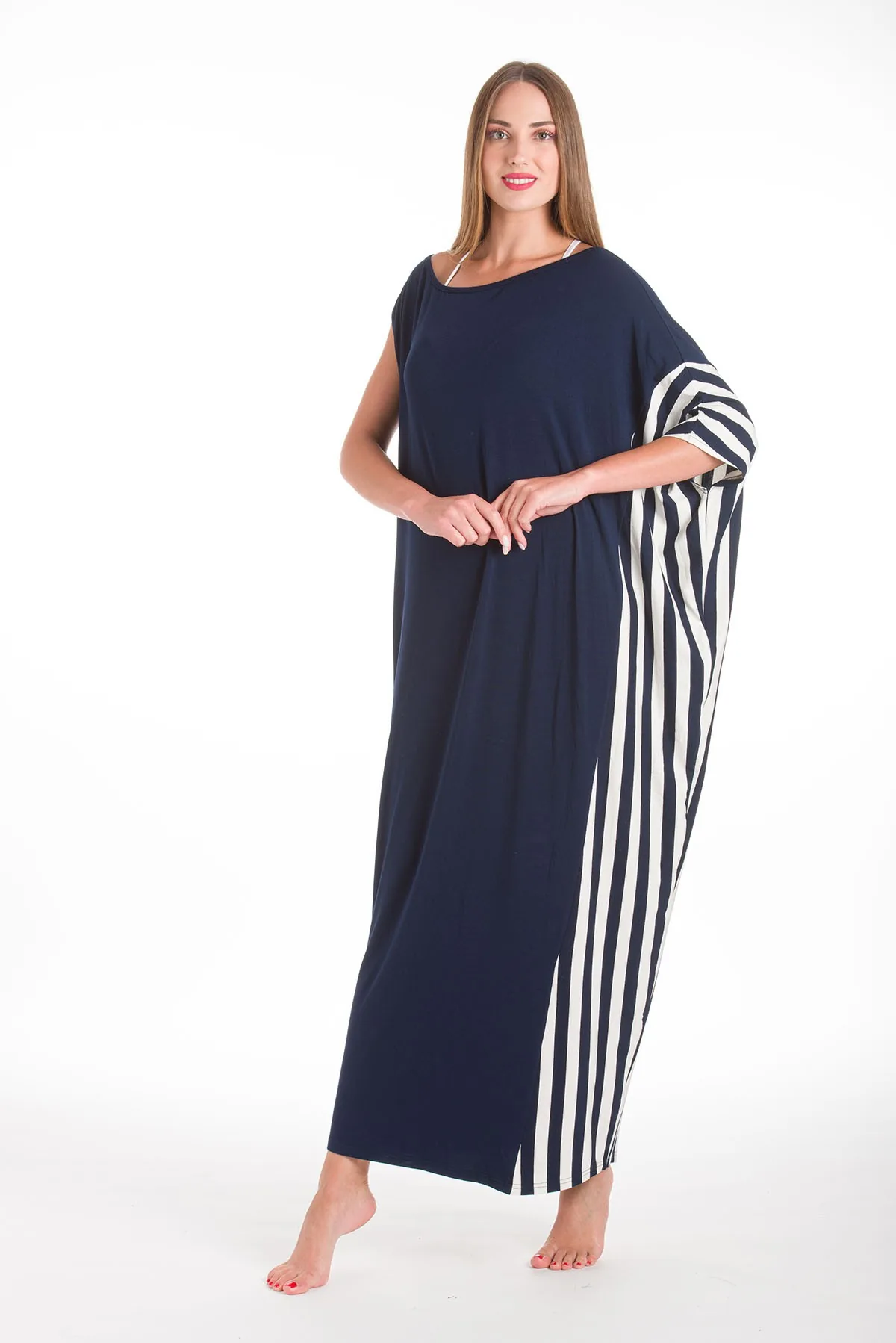 Micromodal ασυμμετρο φορεμα με ριγε τελειωμα - Navy Blue παρεό παραλίας για καλοκαιρινές resort εμφανίσεις