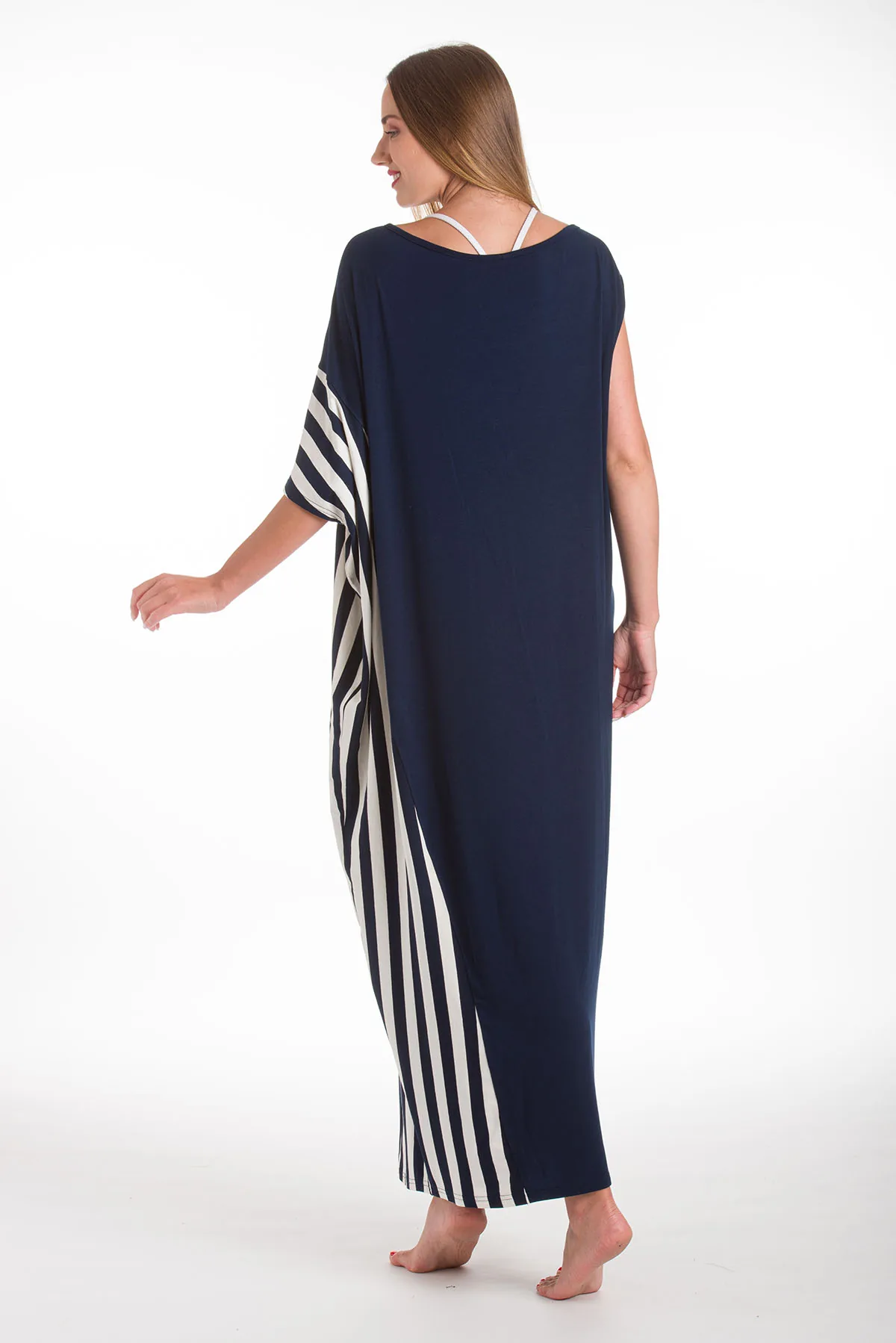 Micromodal ασυμμετρο φορεμα με ριγε τελειωμα - Navy Blue φόρεμα παραλίας για καλοκαιρινές resort εμφανίσεις