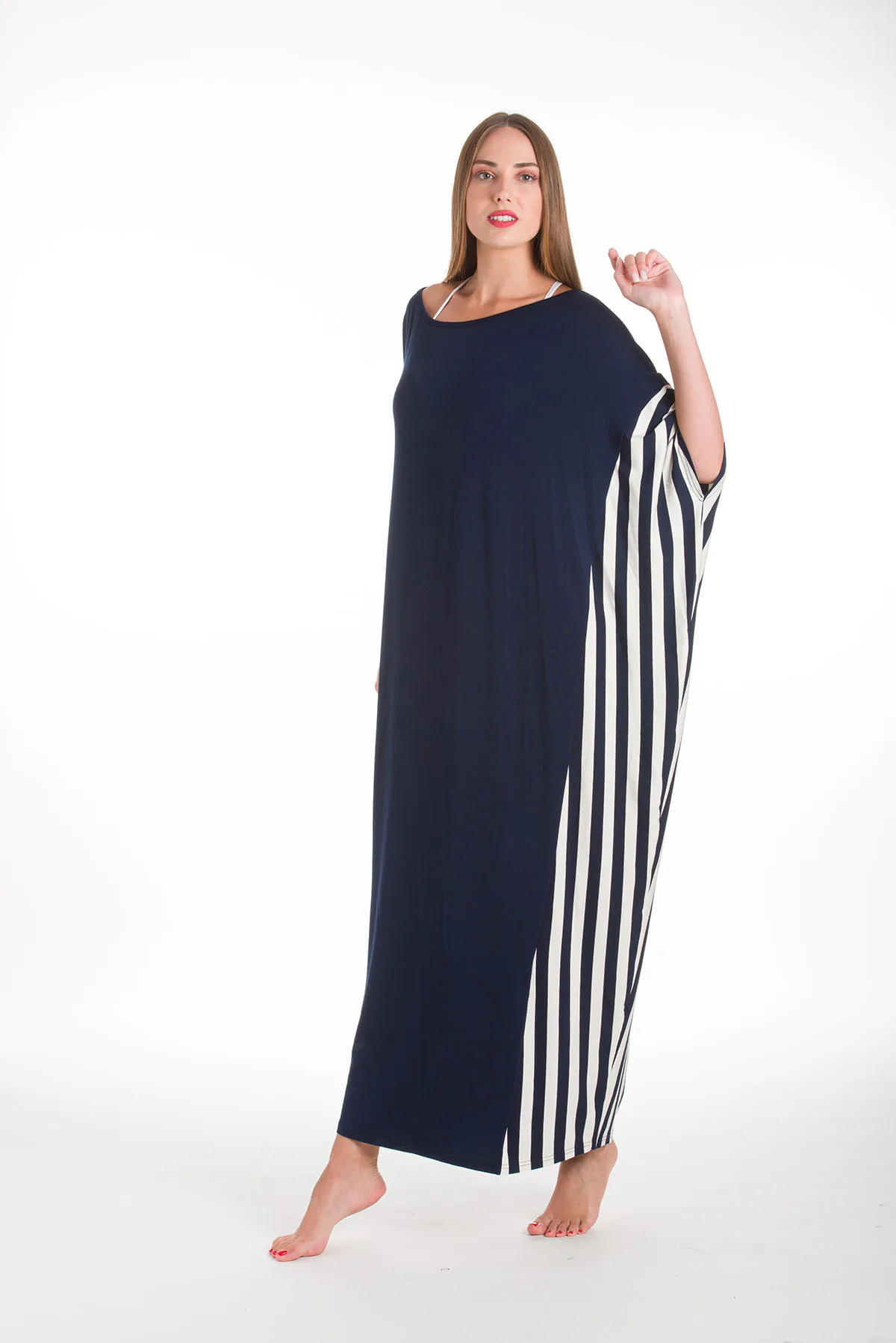 Micromodal ασυμμετρο φορεμα με ριγε τελειωμα - Navy Blue φόρεμα παραλίας για καλοκαιρινές resort εμφανίσεις