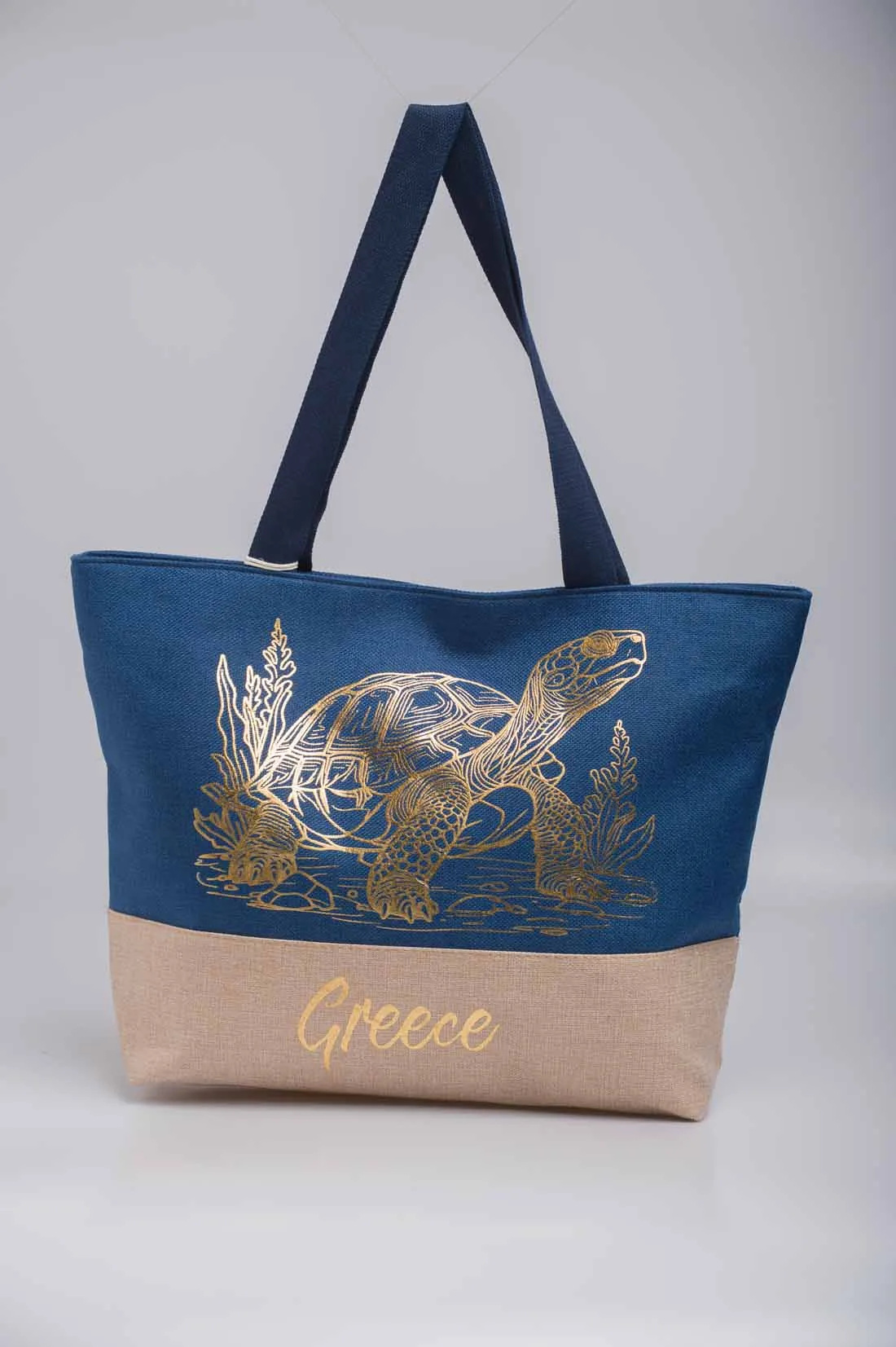 Navy blue διχρωμη τσαντα θαλασσης υφασματινη με χρυσοτυπια και σχεδιο χελώνα caretta - Navy Blue;Μπέζ;Χρυσό τσάντα θαλάσσης για καλοκαιρινές resort εμφανίσ