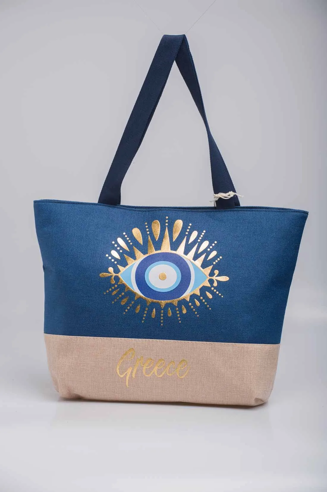 Navy blue διχρωμη τσαντα θαλασσης υφασματινη με χρυσοτυπια και σχεδιο ματι - Navy Blue;Μπέζ;Χρυσό τσάντα θαλάσσης για καλοκαιρινές resort εμφανίσεις