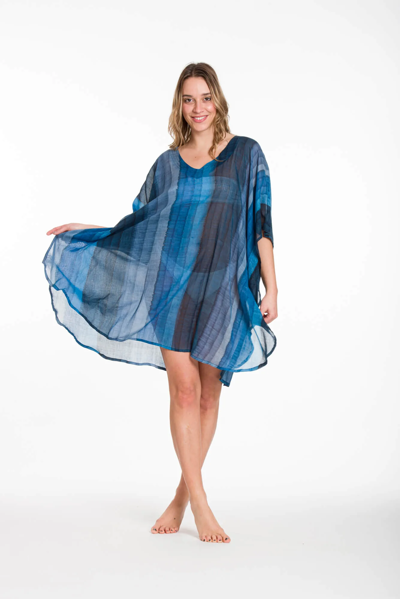 Ποντσο tie dye ριγε βαμβακερο - Navy Blue;Μπλέ πόντσο παραλίας από βαμβακερό για καλοκαιρινές resort εμφανίσεις