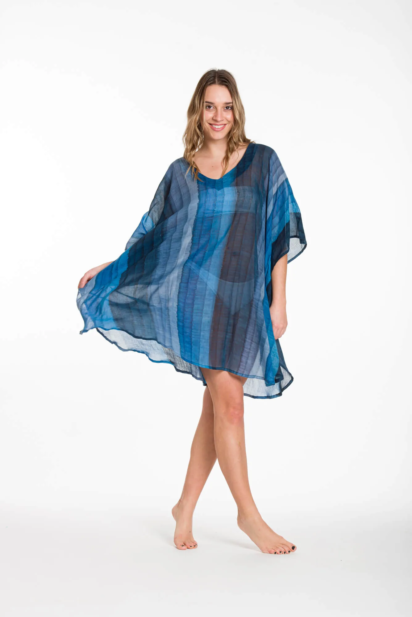 Ποντσο tie dye ριγε βαμβακερο - Navy Blue;Μπλέ πόντσο παραλίας από βαμβακερό για καλοκαιρινές resort εμφανίσεις