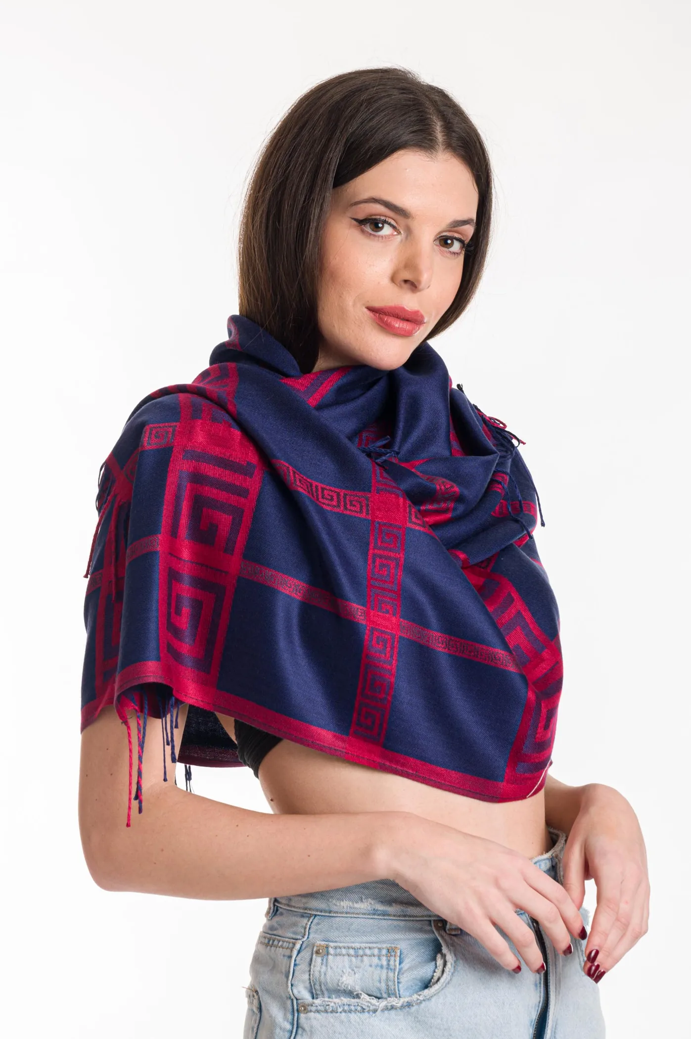 Πασμινα βισκοζ με μαιανδρο - Navy Blue;Μπορντό resort wear προϊόν για καλοκαιρινές resort εμφανίσεις