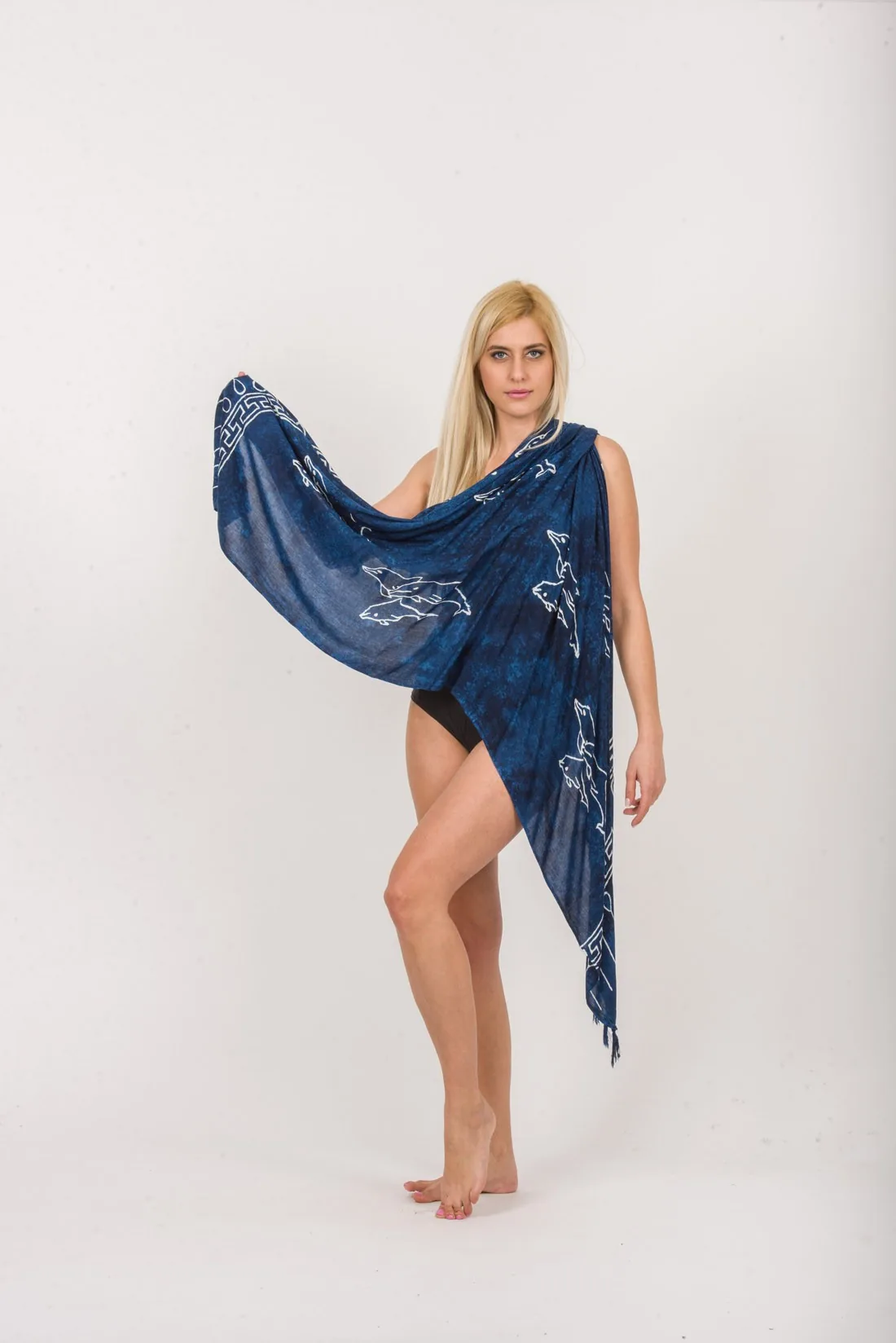 Παρεο βισκοζ με δελφινια και κροσσια - Navy Blue παρεό παραλίας για καλοκαιρινές resort εμφανίσεις