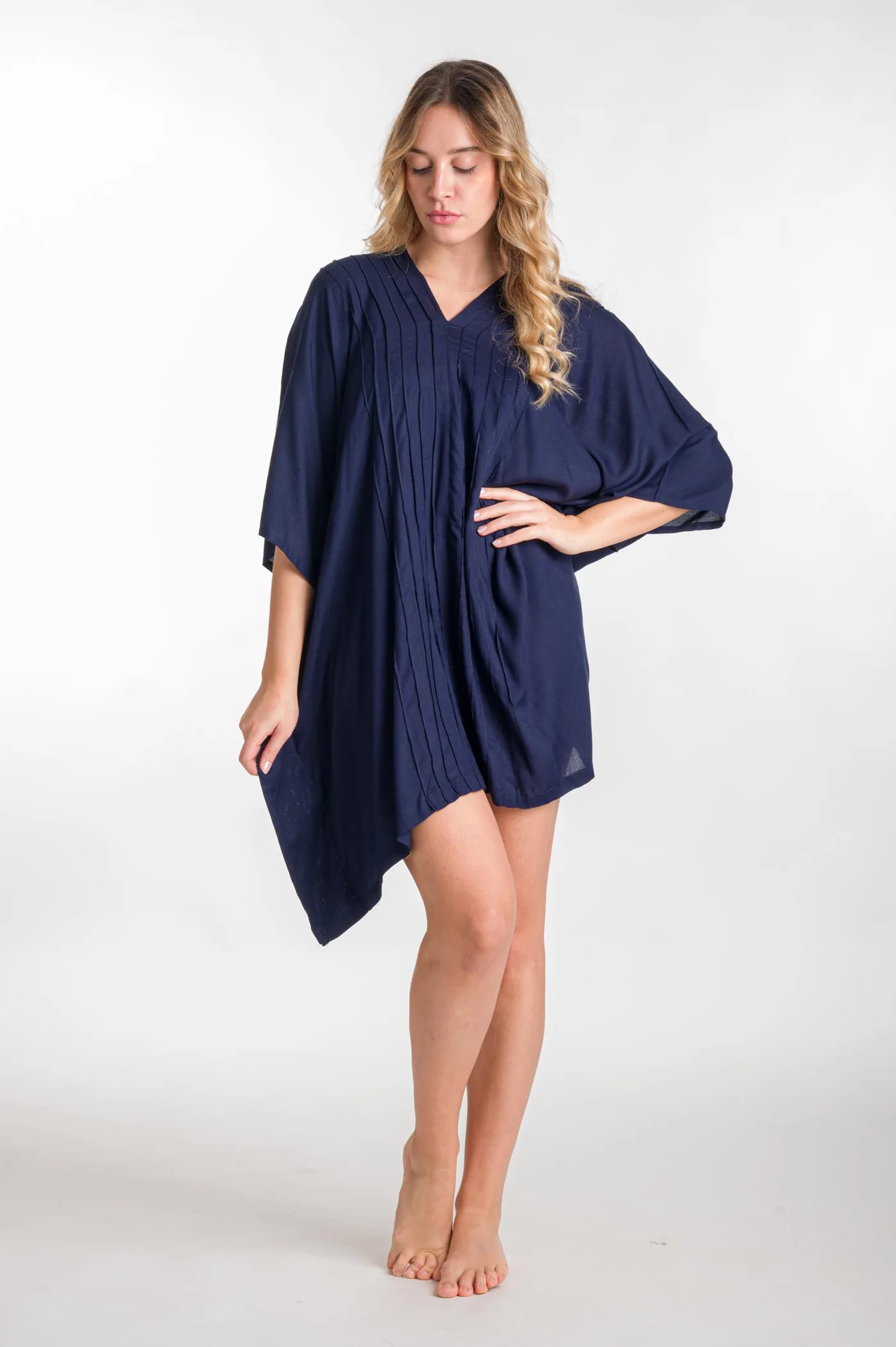 Ποντσο βισκοζ μονοχρωμο πλισε - Navy Blue πόντσο παραλίας από βισκόζ για καλοκαιρινές resort εμφανίσεις