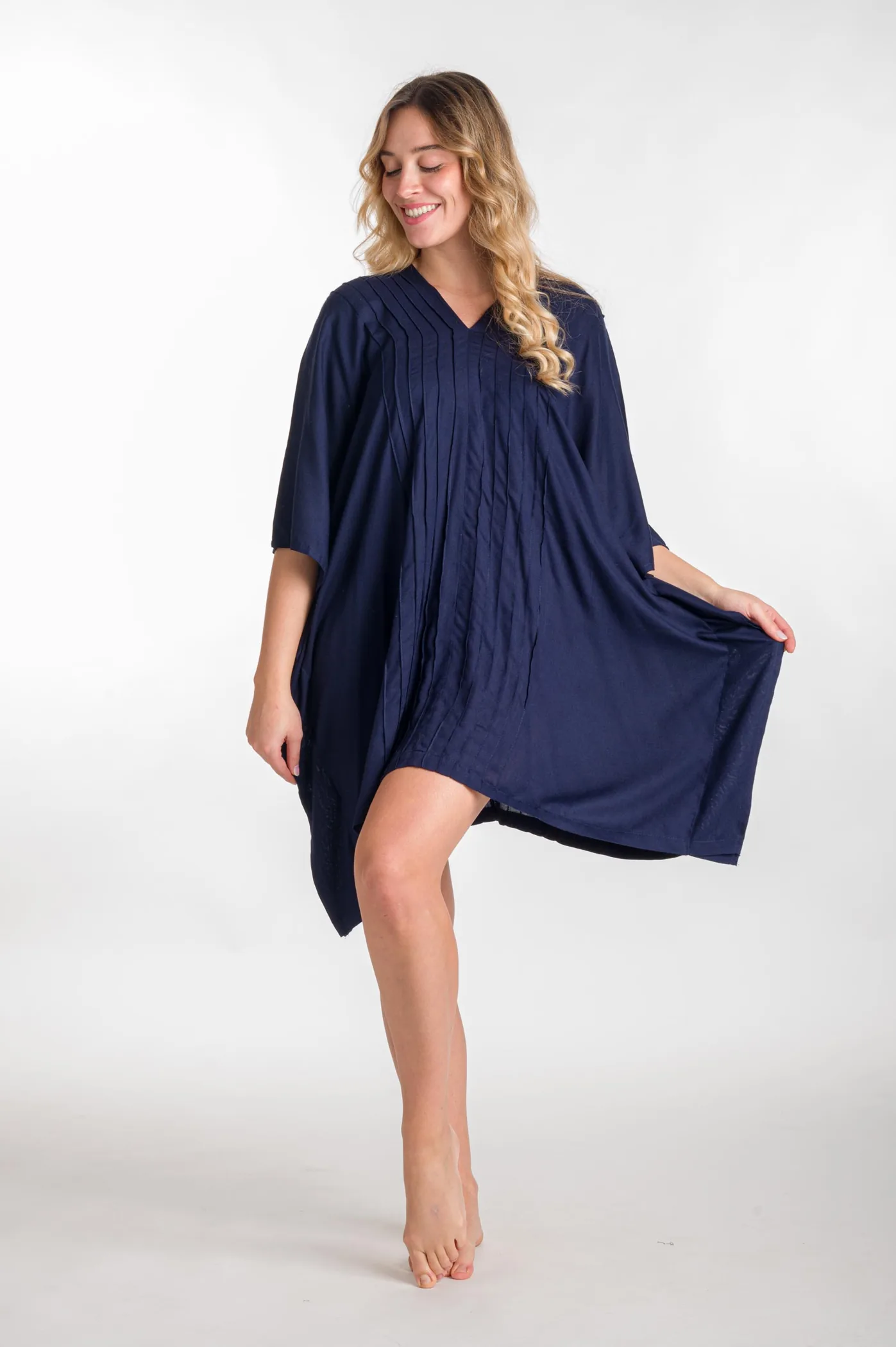 Ποντσο βισκοζ μονοχρωμο πλισε - Navy Blue πόντσο παραλίας από βισκόζ για καλοκαιρινές resort εμφανίσεις