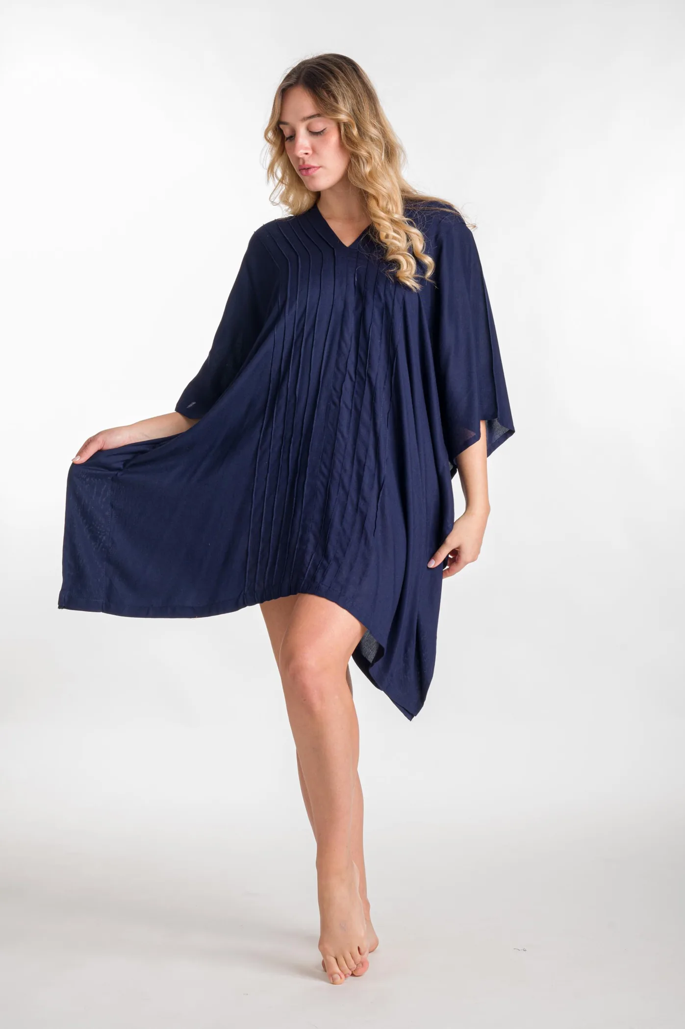 Ποντσο βισκοζ μονοχρωμο πλισε - Navy Blue πόντσο παραλίας από βισκόζ για καλοκαιρινές resort εμφανίσεις