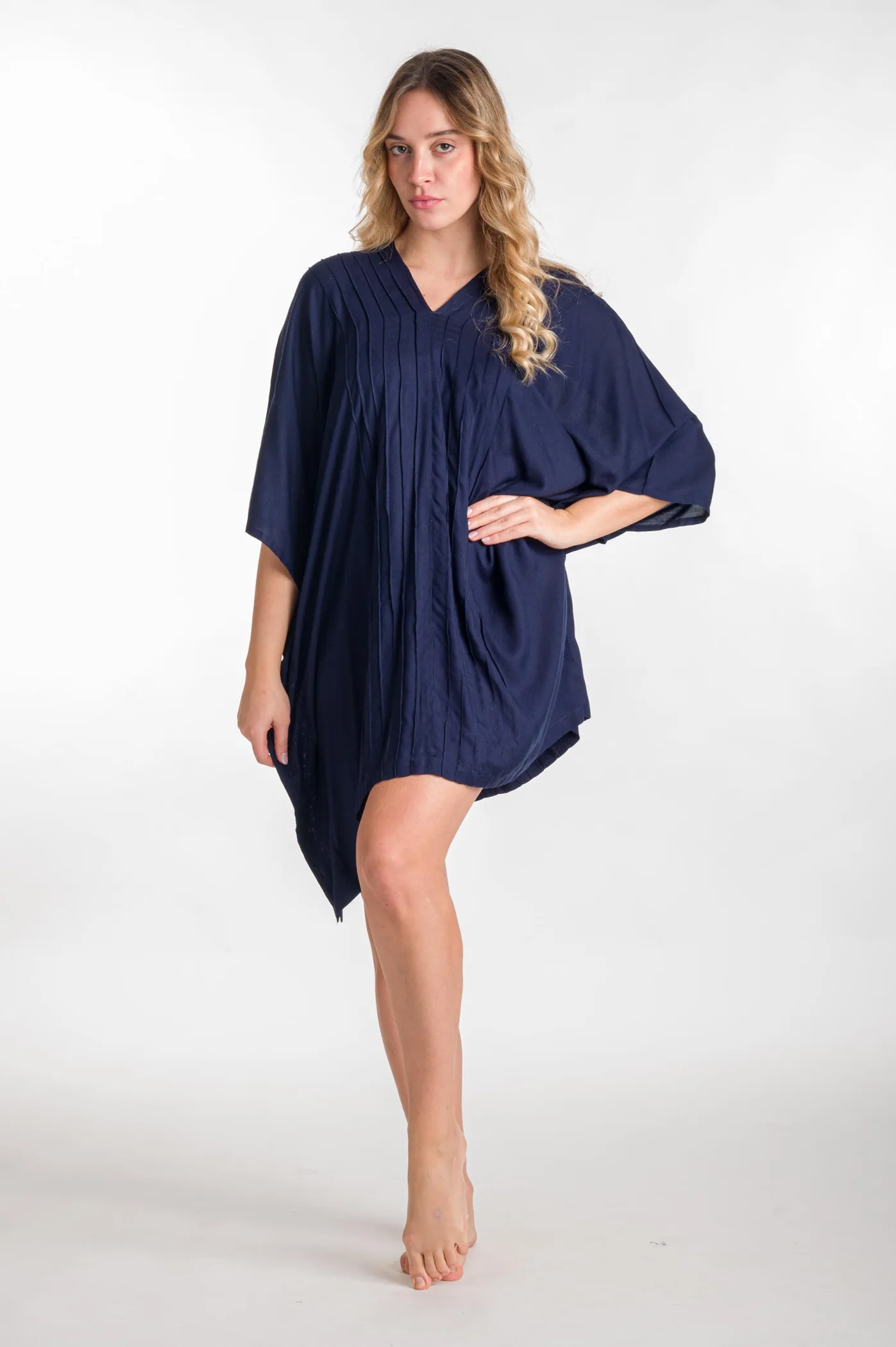 Ποντσο βισκοζ μονοχρωμο πλισε - Navy Blue πόντσο παραλίας από βισκόζ για καλοκαιρινές resort εμφανίσεις