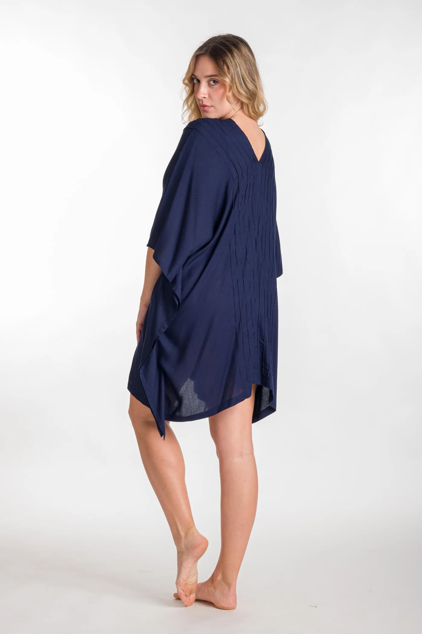 Ποντσο βισκοζ μονοχρωμο πλισε - Navy Blue πόντσο παραλίας από βισκόζ για καλοκαιρινές resort εμφανίσεις