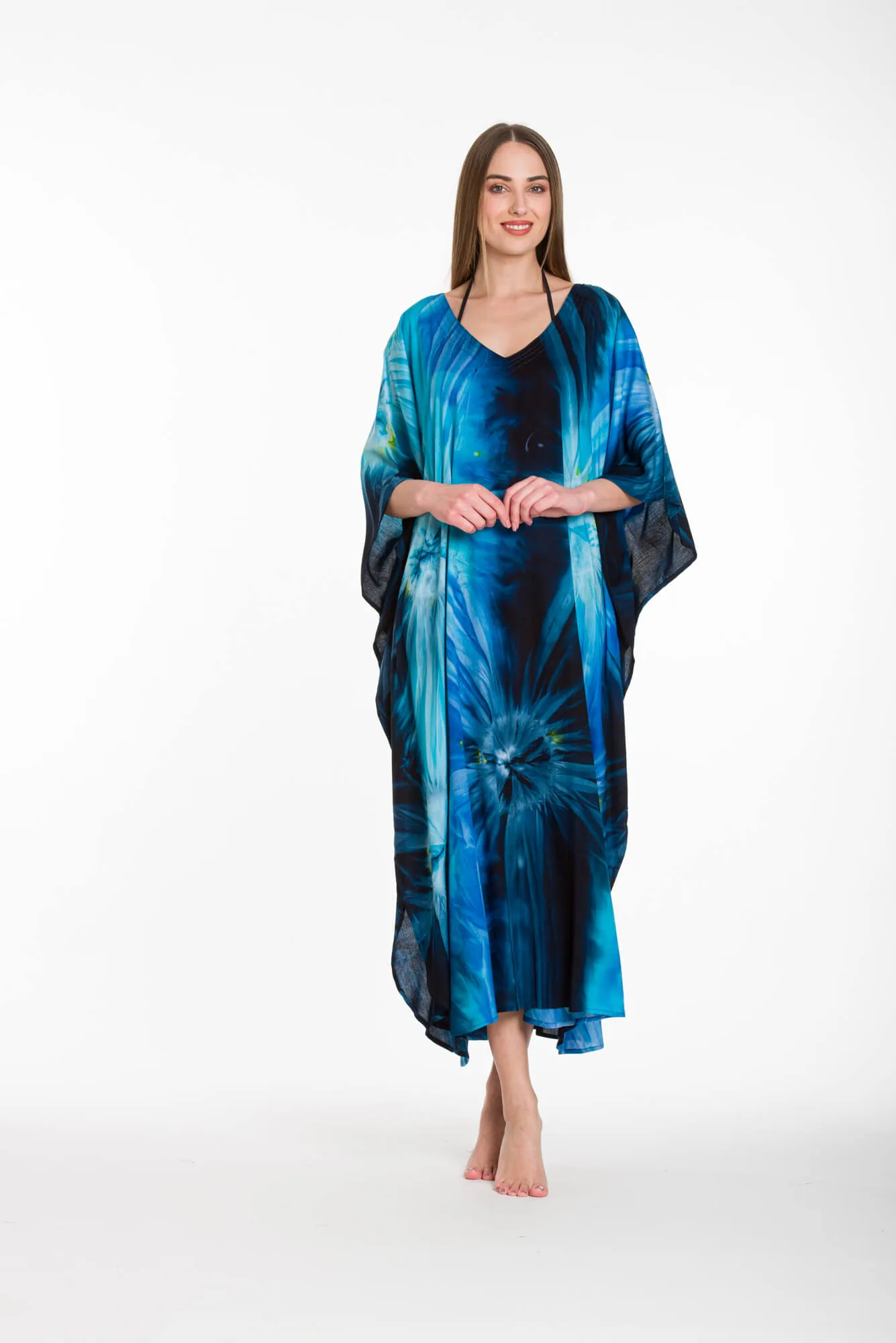Καφτανι βισκοζ εκρηξη - Navy Blue;Τυρκουάζ καφτάνι παραλίας από βισκόζ για καλοκαιρινές resort εμφανίσεις