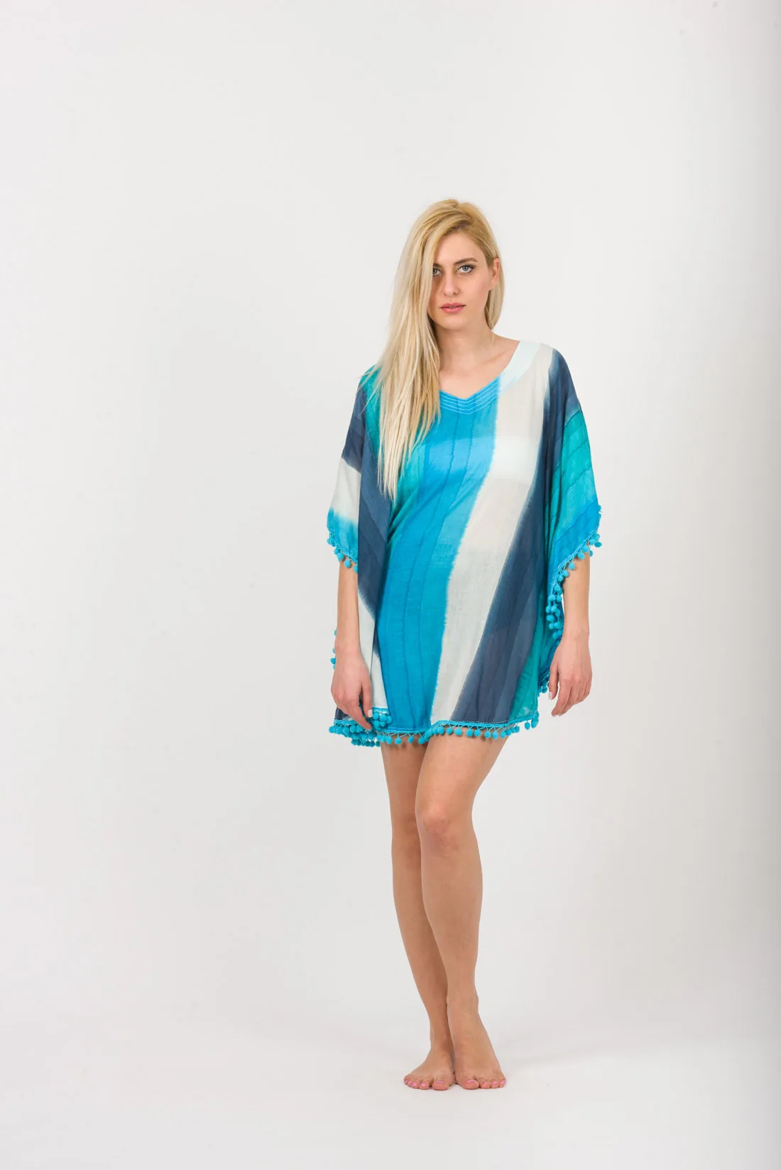 Ποντσο tie dye ριγε βαμβακερο με pon pon - Navy Blue;Τυρκουάζ πόντσο παραλίας από βαμβακερό για καλοκαιρινές resort εμφανίσεις