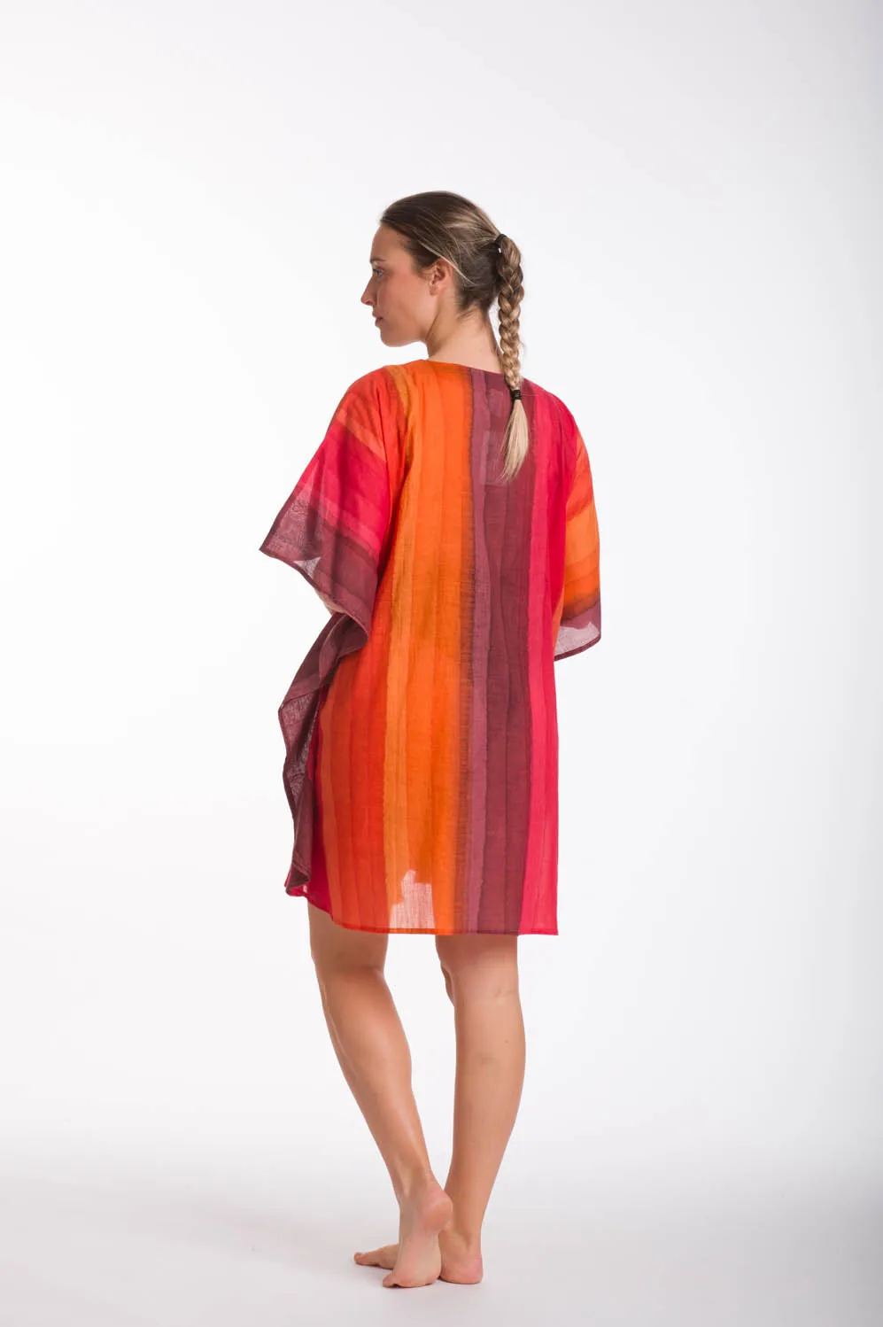Καφέ ποντσο tie dye ριγε βαμβακερο με κορδονι - Πορτοκαλί;Καφέ πόντσο παραλίας από βαμβακερό για καλοκαιρινές resort εμφανίσεις
