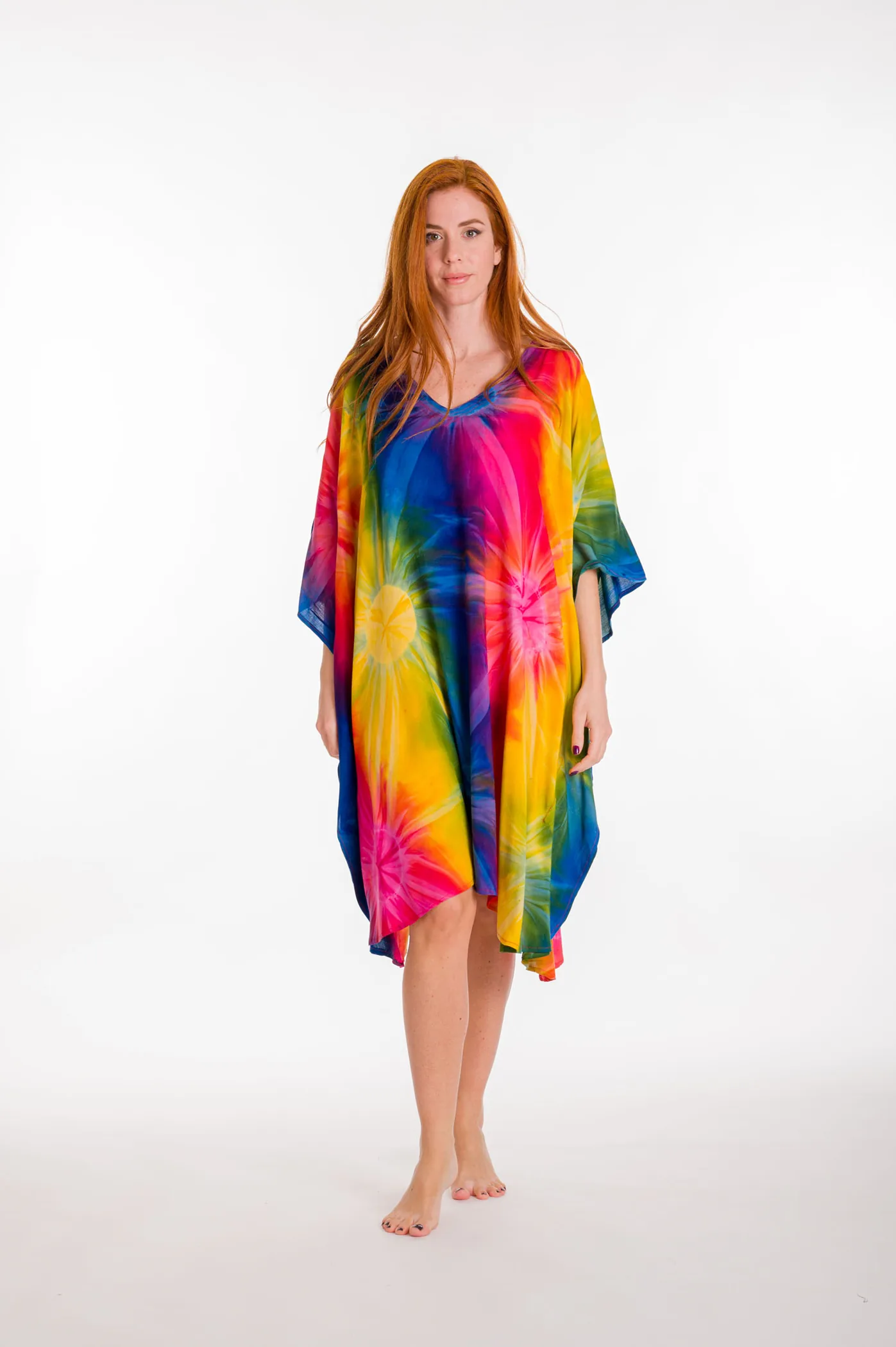 Καφτανι midi βισκοζ tie dye εκρηξη - Πορτοκαλί παρεό παραλίας από βισκόζ για καλοκαιρινές resort εμφανίσεις