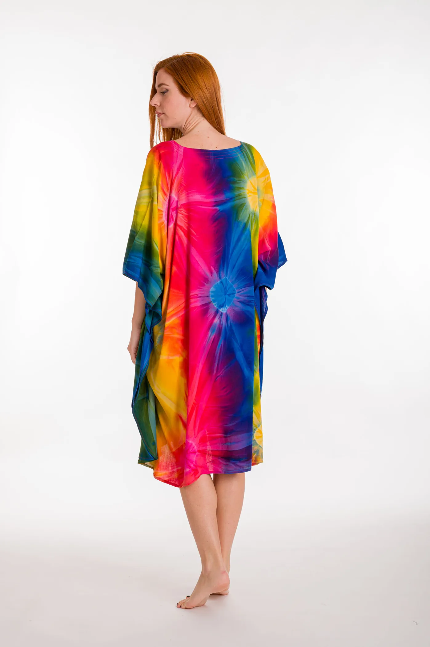 Καφτανι midi βισκοζ tie dye εκρηξη - Πορτοκαλί καφτάνι παραλίας από βισκόζ για καλοκαιρινές resort εμφανίσεις
