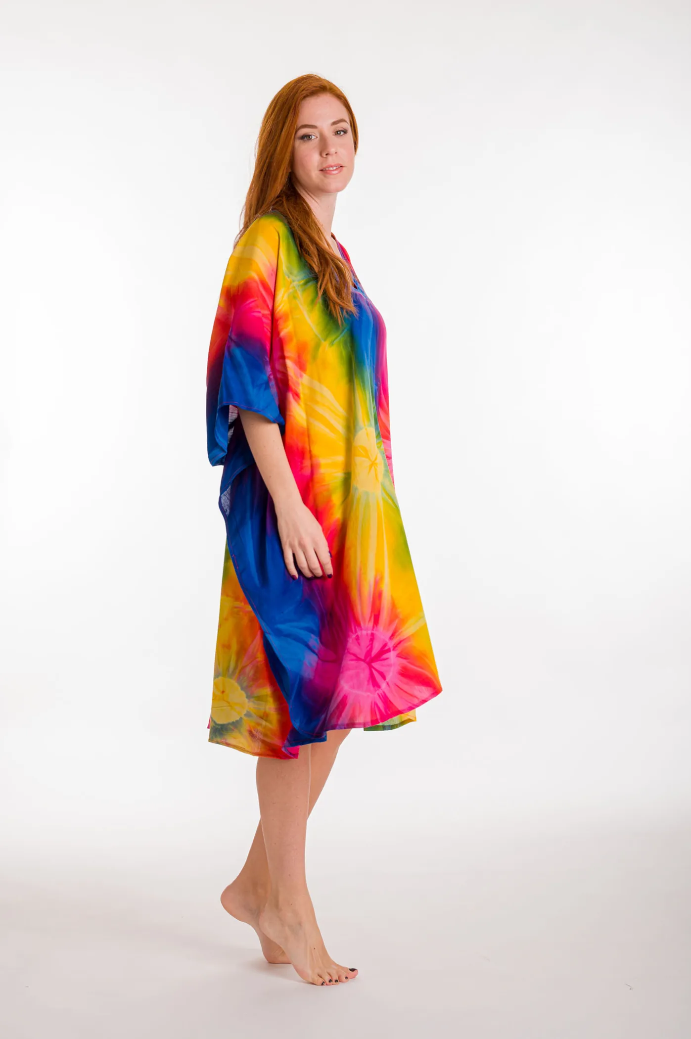 Καφτανι midi βισκοζ tie dye εκρηξη - Πορτοκαλί καφτάνι παραλίας από βισκόζ για καλοκαιρινές resort εμφανίσεις