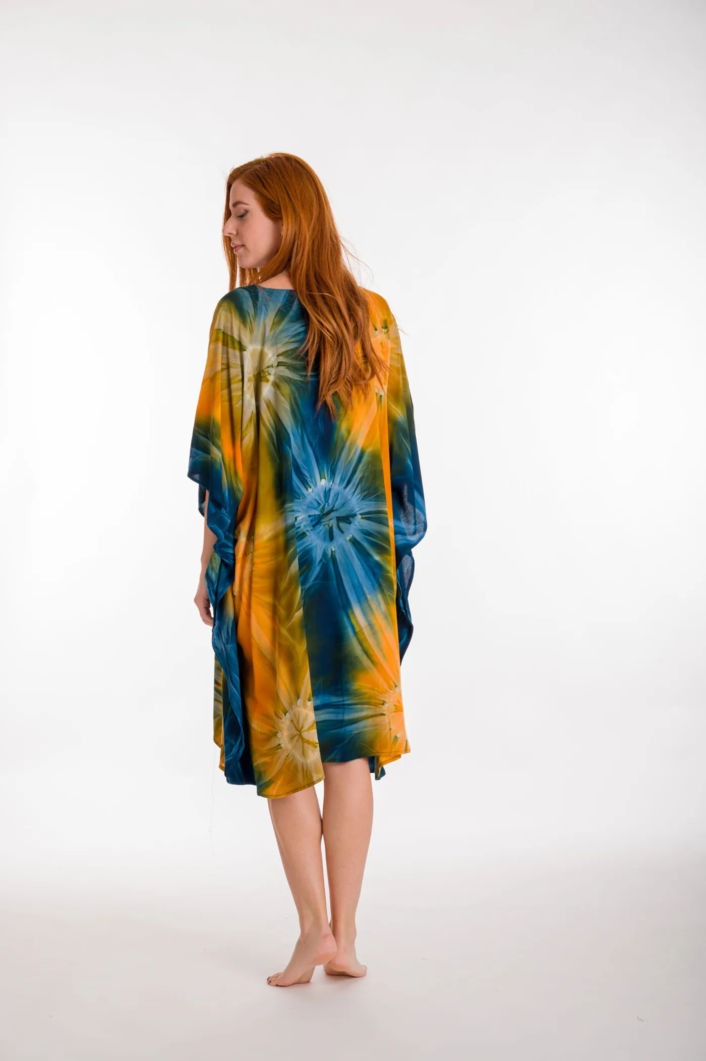 Καφτανι midi βισκοζ tie dye εκρηξη - Πορτοκαλί καφτάνι παραλίας από βισκόζ για καλοκαιρινές resort εμφανίσεις