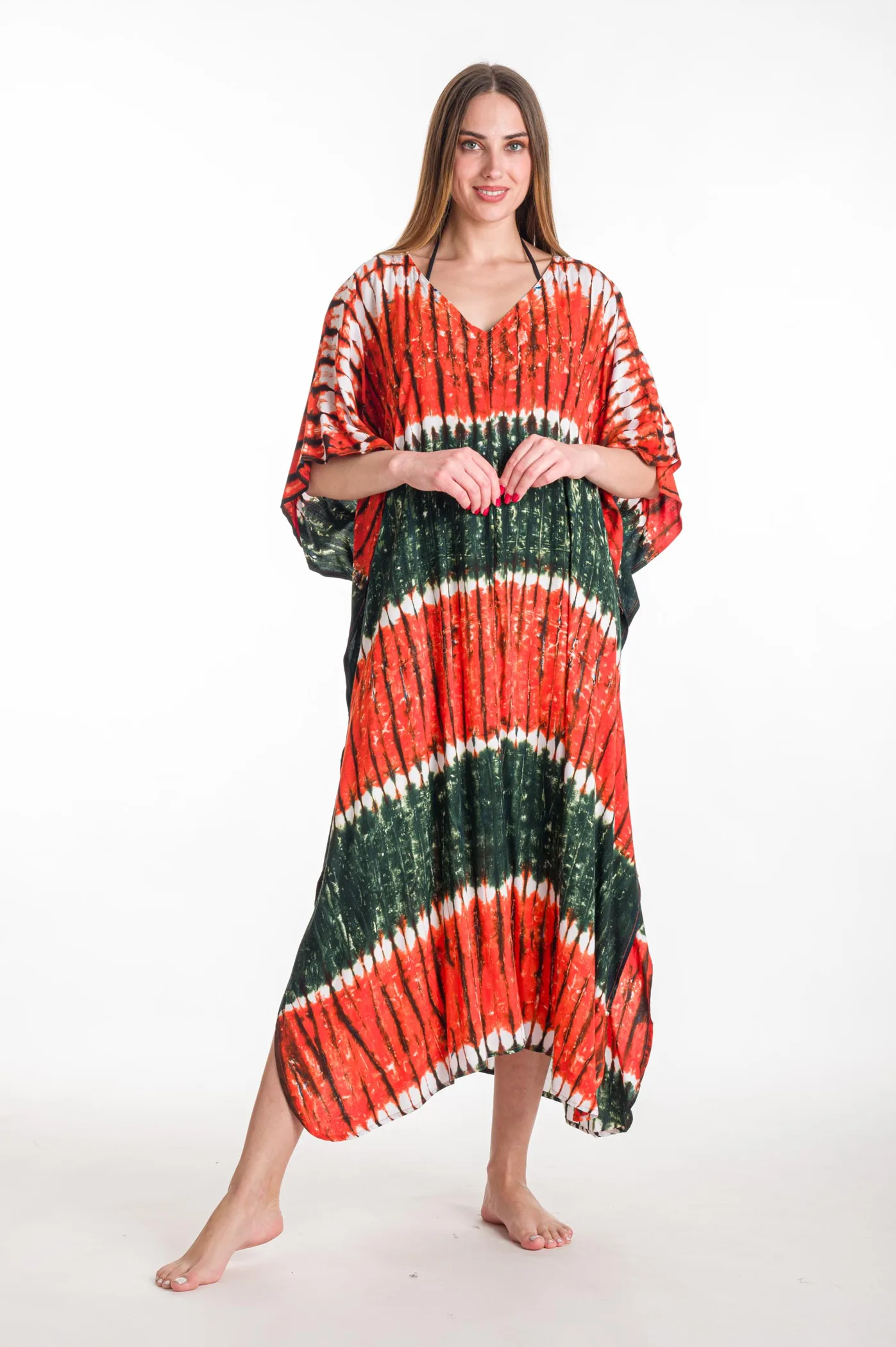Καφτανι βισκοζ tie dye - Πορτοκαλί;Πράσινο καφτάνι παραλίας από βισκόζ για καλοκαιρινές resort εμφανίσεις