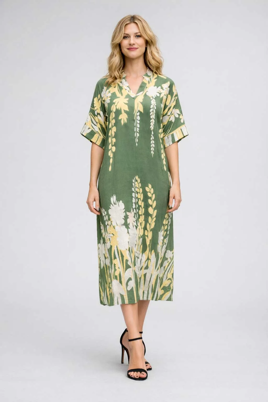 Πρασινο floral resort wear καφτάνι - φορεμα βισκοζ με κοντο μανικι - Πράσινο παρεό παραλίας από βαμβάκι για καλοκαιρινές resort εμφανίσεις