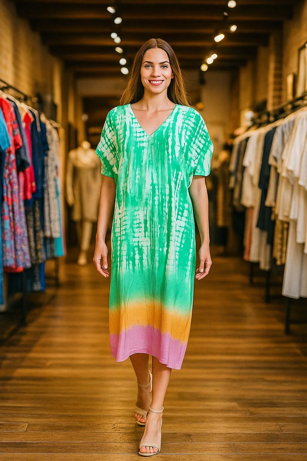 Καφτανι - φορεμα maxi βισκοζ shibori tie dye με κοντο μανικι - καφτάνια-παρεό - kaftania.gr - Πράσινο παρεό παραλίας από βισκόζ για καλοκαιρινές resort εμφ