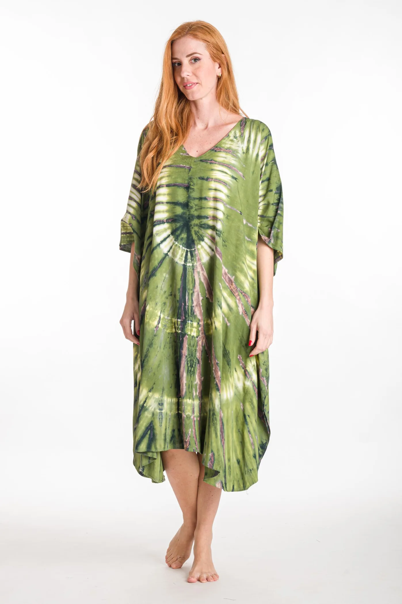 Καφτανι midi βισκοζ tie dye - Πράσινο παρεό παραλίας από βισκόζ για καλοκαιρινές resort εμφανίσεις