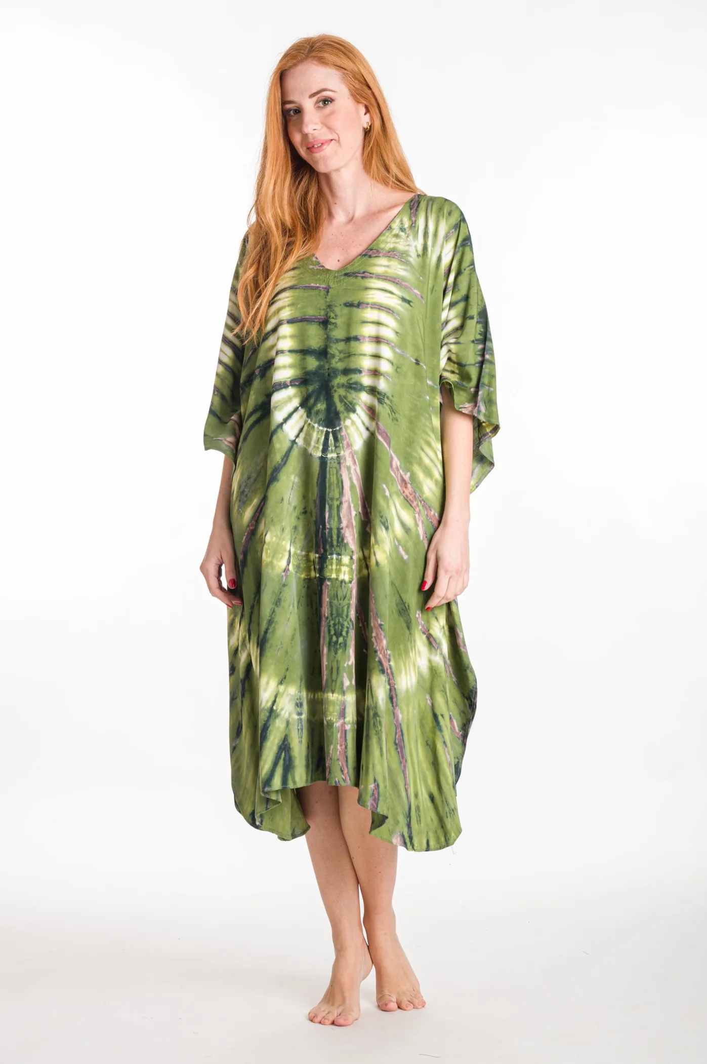 Καφτανι midi βισκοζ tie dye - Πράσινο καφτάνι παραλίας από βισκόζ για καλοκαιρινές resort εμφανίσεις