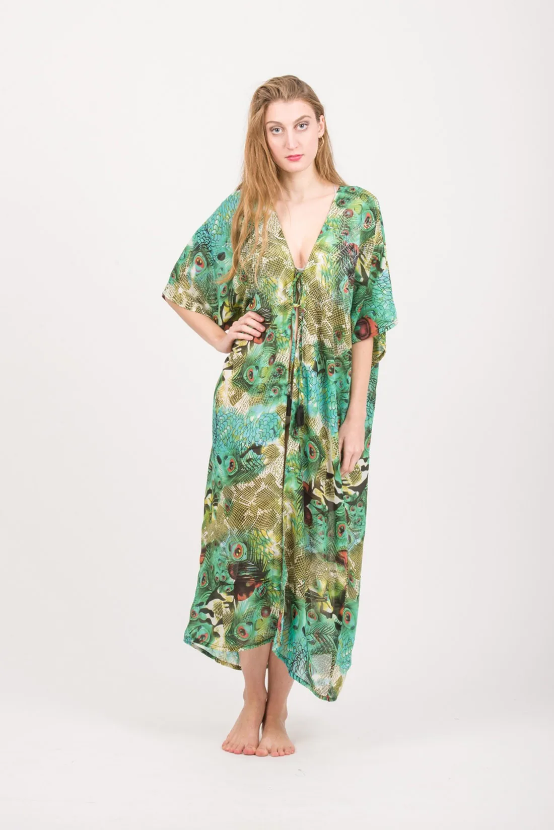Κιμονο chiffon maxi με δεσιμο - Πράσινο παρεό παραλίας για καλοκαιρινές resort εμφανίσεις