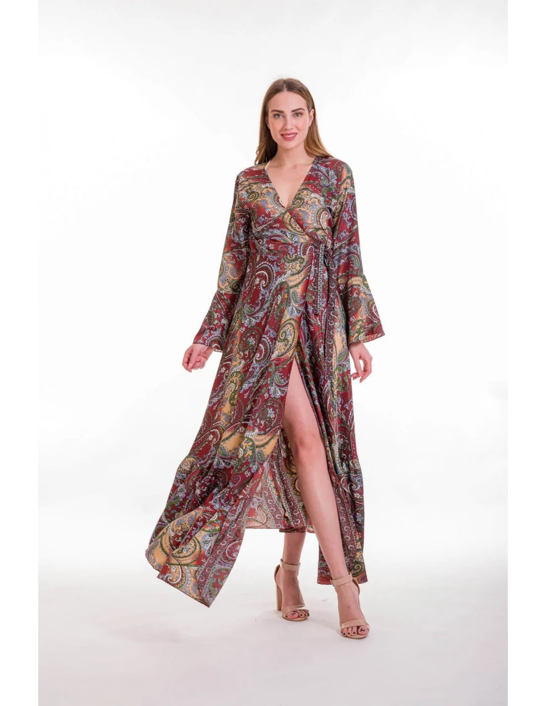 Φορεμα κρουαζε art. silk με βολαν - Πράσινο;Μπορντό παρεό παραλίας για καλοκαιρινές resort εμφανίσεις