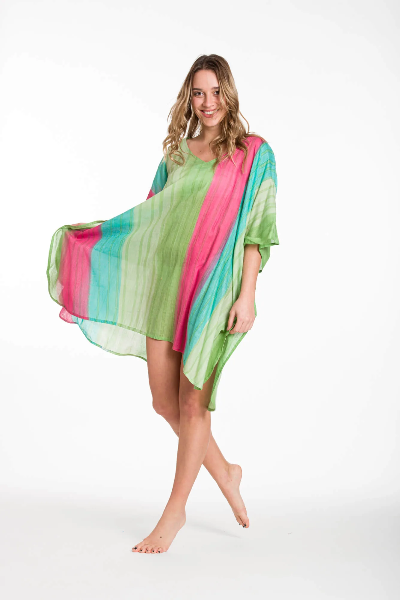 Ποντσο tie dye ριγε βαμβακερο - Πράσινο;Τυρκουάζ;Φούξια;Λαχανί πόντσο παραλίας από βαμβακερό για καλοκαιρινές resort εμφανίσεις