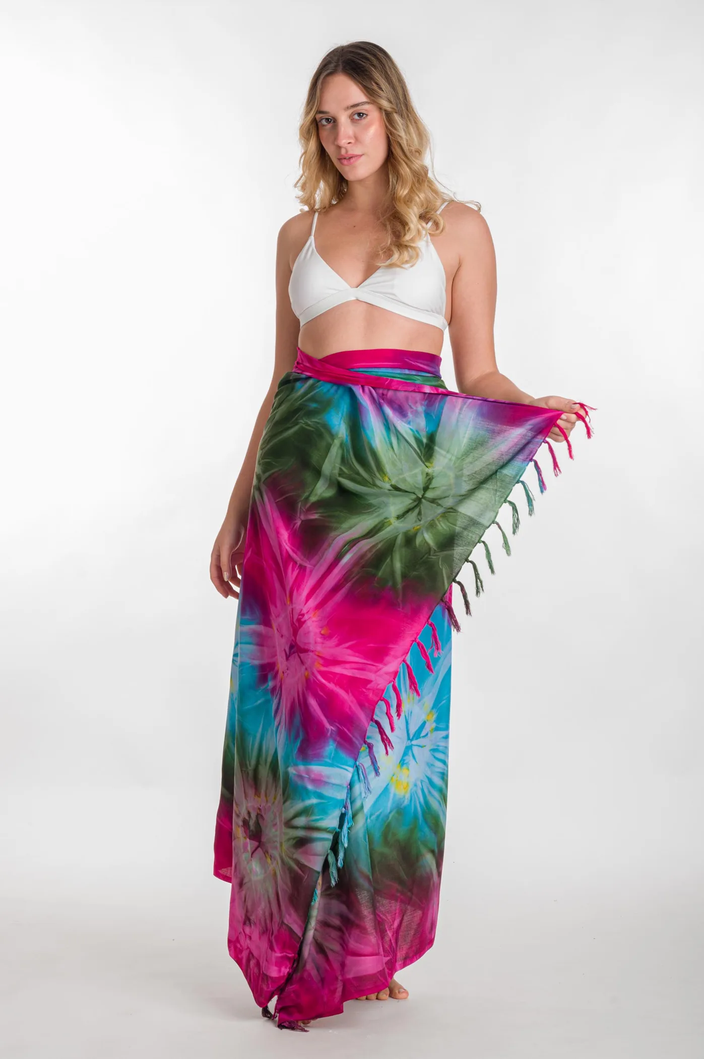Παρεο βισκοζ tie dye εκρηξη με κροσσια - Πράσινο;Τυρκουάζ;Φούξια παρεό παραλίας για καλοκαιρινές resort εμφανίσεις
