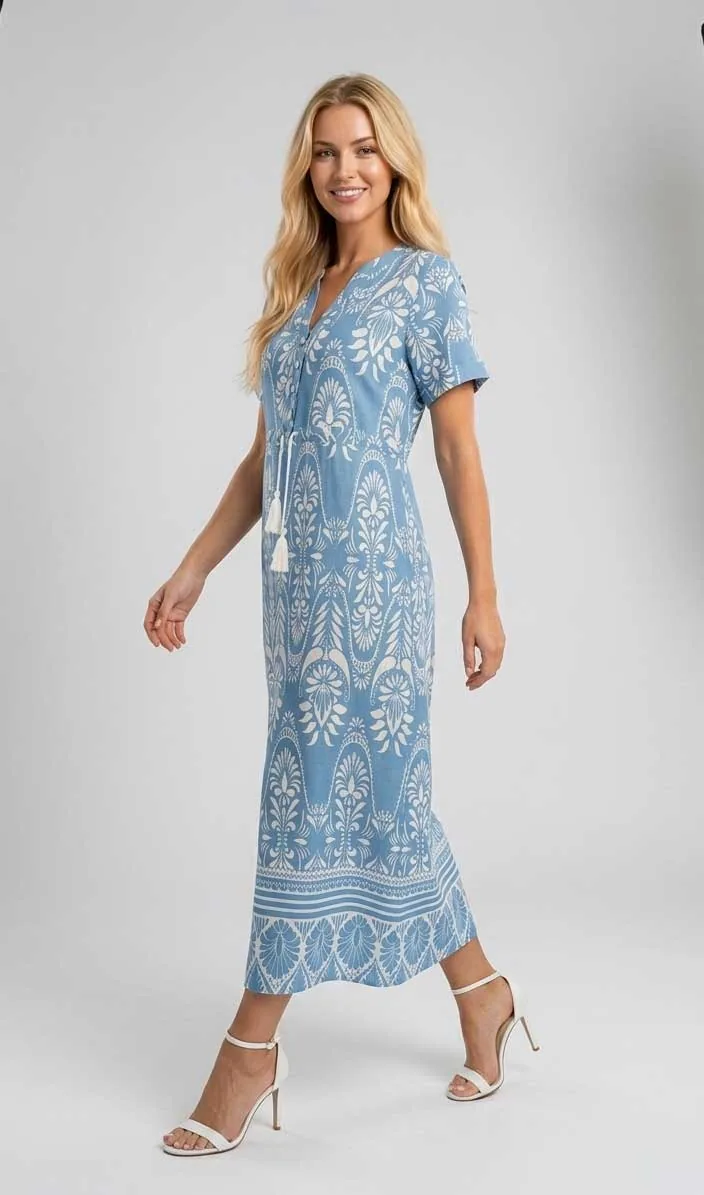 Ραφ boho resort floral print βισκοζ- λινό καφτάνι - φορεμα με κοντό μανικι - Ράφ φόρεμα παραλίας από βισκόζ για καλοκαιρινές resort εμφανίσεις