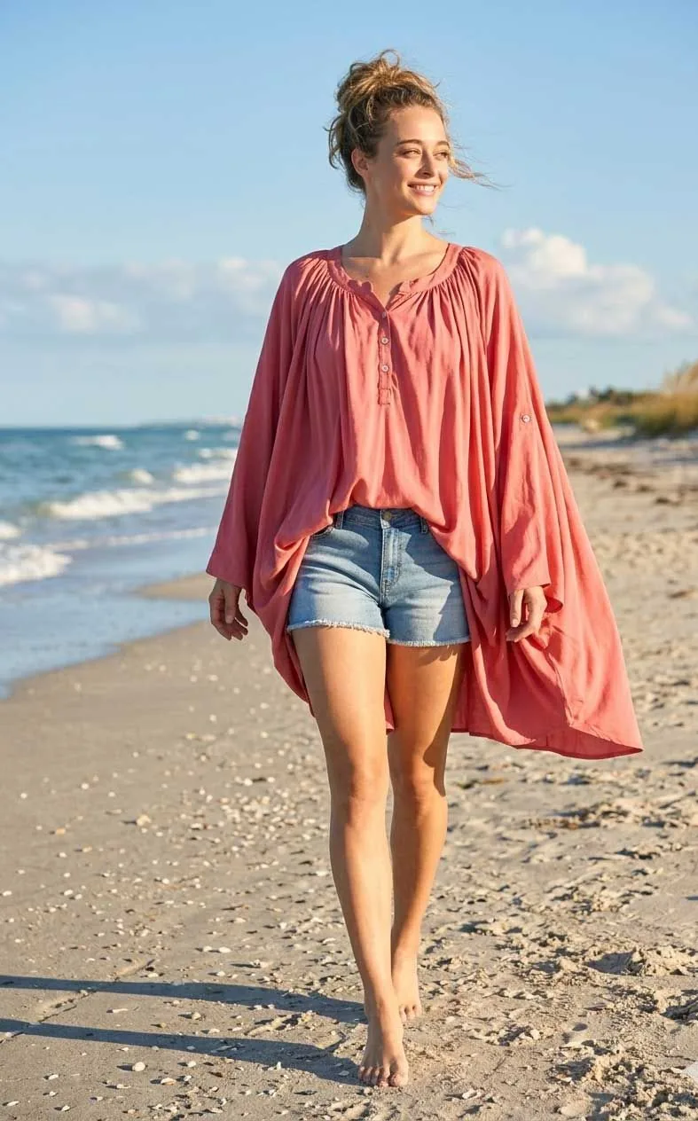 Σομόν καφτάνι midi - πουκαμισοφορεμα oversize look με ρυθμιζομενα μανικια - παρεό παραλίας από βισκόζ για καλοκαιρινές resort εμφανίσεις