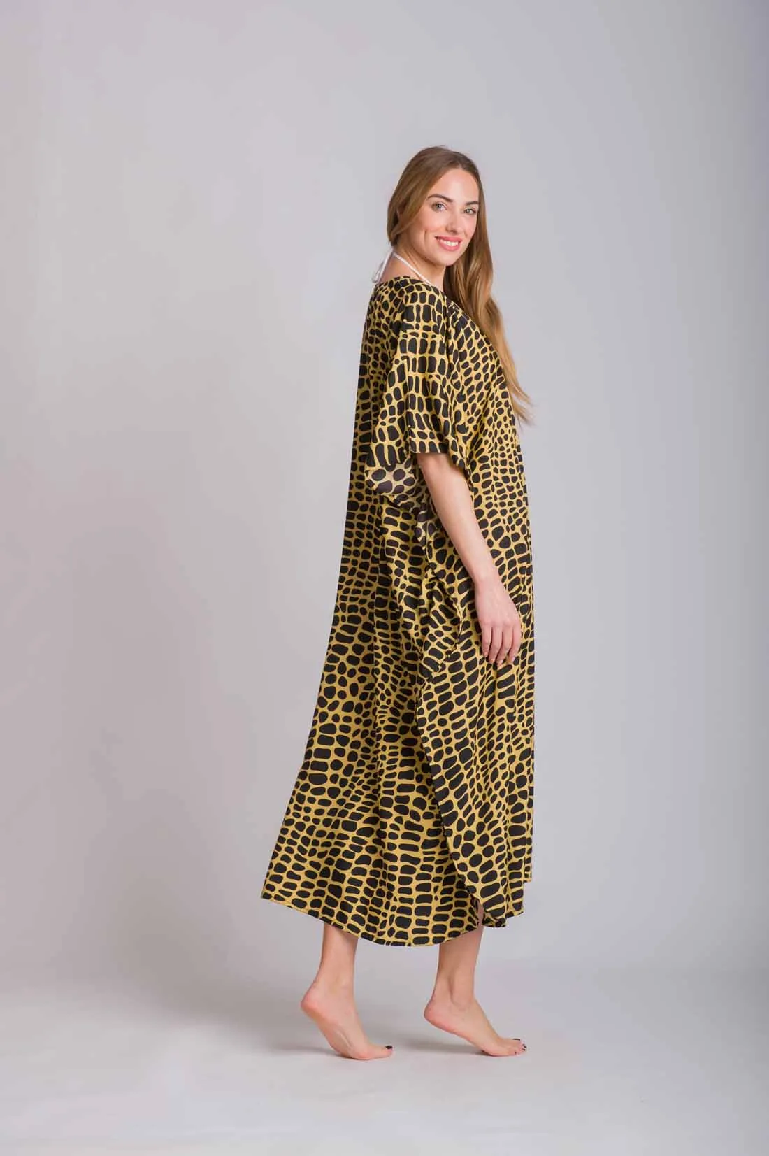Καμηλό καφτανι animal print mmf silk touch - Τιγρέ καφτάνι παραλίας από animal print για καλοκαιρινές resort εμφανίσεις