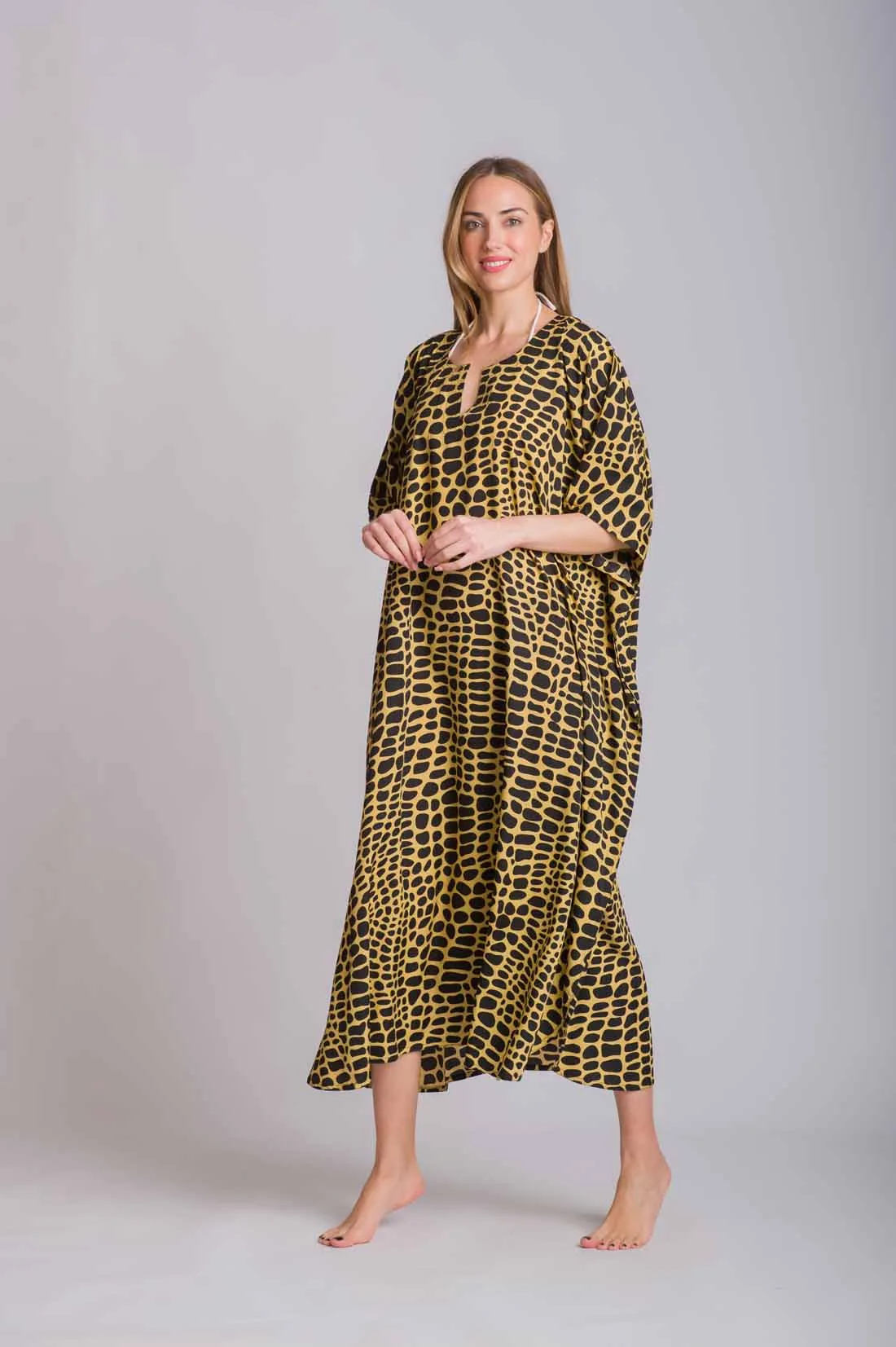 Καμηλό καφτανι animal print mmf silk touch - Τιγρέ καφτάνι παραλίας από animal print για καλοκαιρινές resort εμφανίσεις