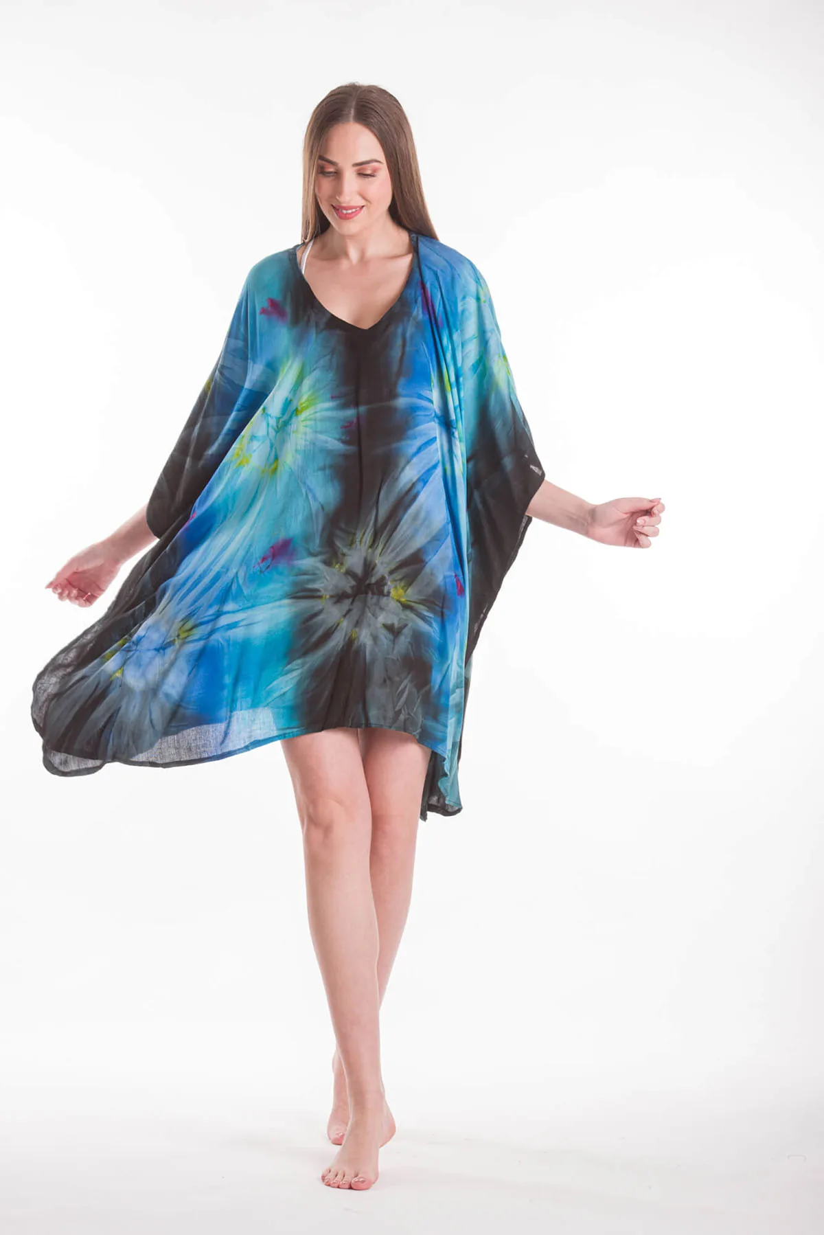 Ποντσο βισκοζ tie dye εκρηξη - Τυρκουάζ;Blue Black παρεό παραλίας από βισκόζ για καλοκαιρινές resort εμφανίσεις