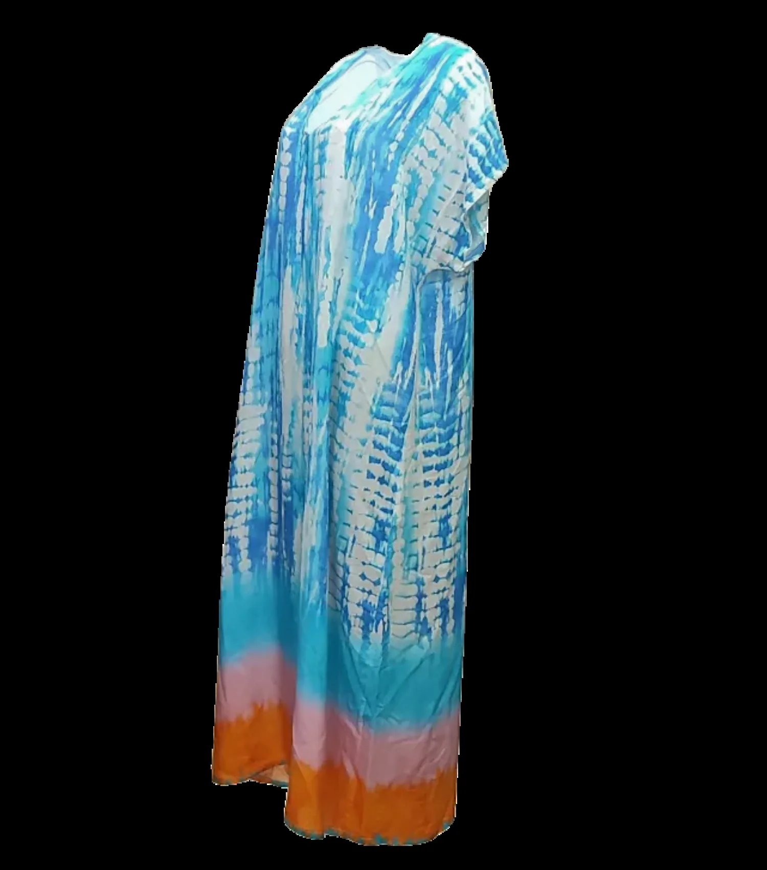 Καφτανι - φορεμα maxi βισκοζ shibori tie dye με κοντο μανικι - Τυρκουάζ φόρεμα παραλίας από βισκόζ για καλοκαιρινές resort εμφανίσεις