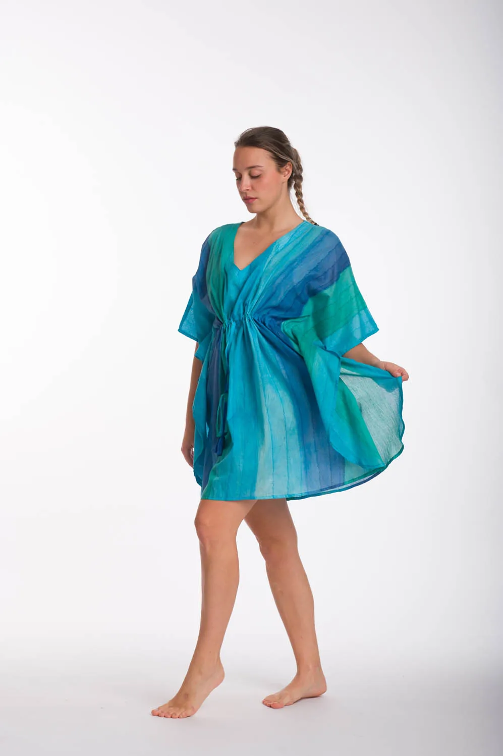Τυρκουάζ ποντσο tie dye ριγε βαμβακερο με κορδονι - παρεό παραλίας από βαμβακερό για καλοκαιρινές resort εμφανίσεις
