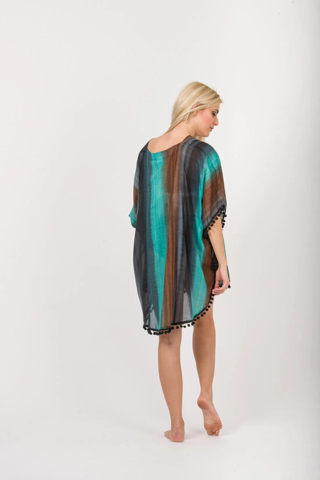 Ποντσο tie dye ριγε βαμβακερο με pon pon - Βεραμάν;Καφέ;Ράφ πόντσο παραλίας από βαμβακερό για καλοκαιρινές resort εμφανίσεις