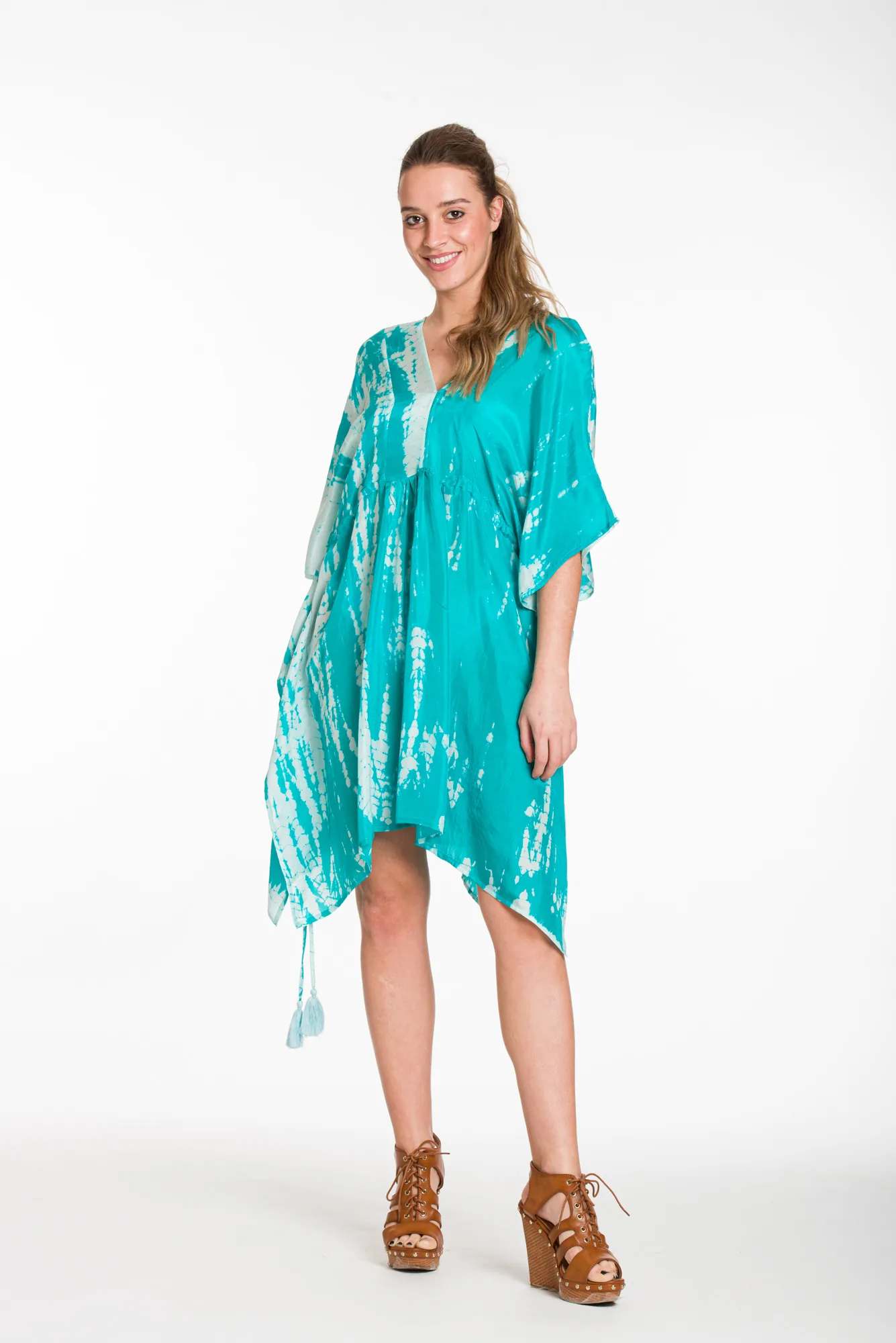 Καφτανι midi μεταξωτο 100% tie dye με κρυφο aduster στις πλαινες - Βεραμάν παρεό παραλίας για καλοκαιρινές resort εμφανίσεις