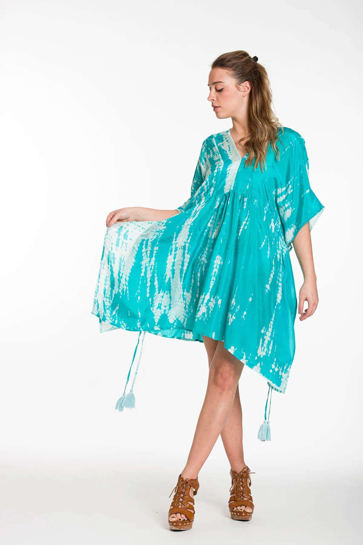 Καφτανι midi μεταξωτο 100% tie dye με κρυφο aduster στις πλαινες - Βεραμάν καφτάνι παραλίας για καλοκαιρινές resort εμφανίσεις